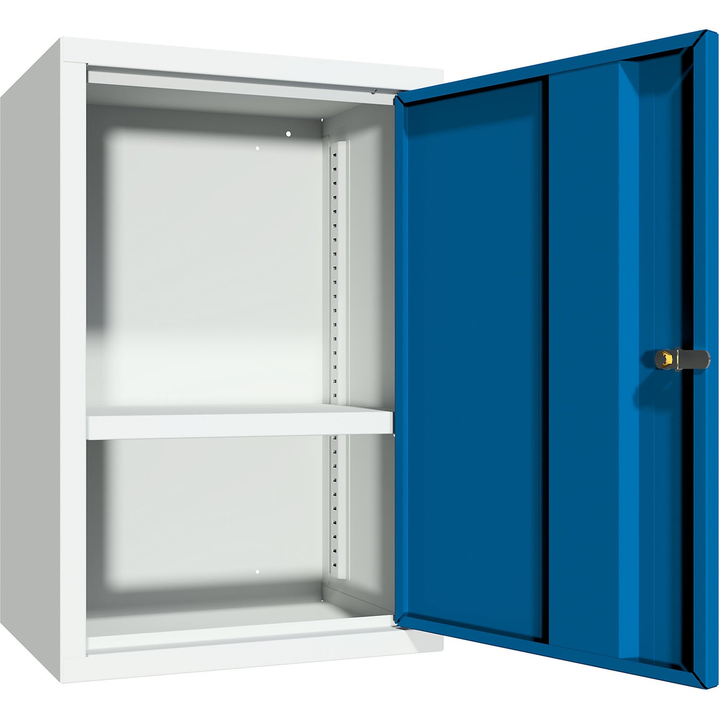 Wall mounted cupboard, height 600 mm, with solid panel door/s, width 400 mm, solid rear panel, grey / blue.
