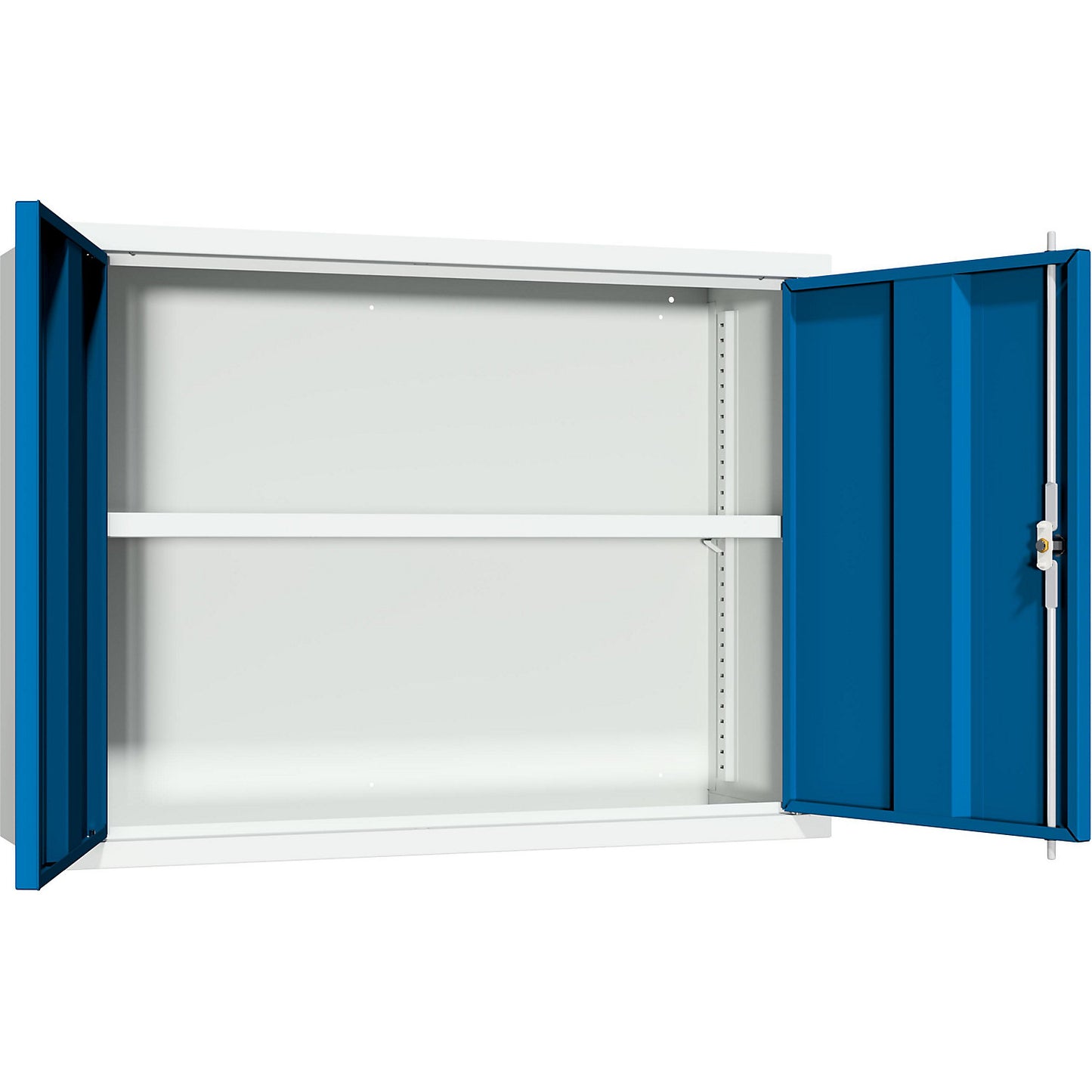 Wall mounted cupboard, height 600 mm, with solid panel door/s, width 800 mm, solid rear panel, grey / blue.