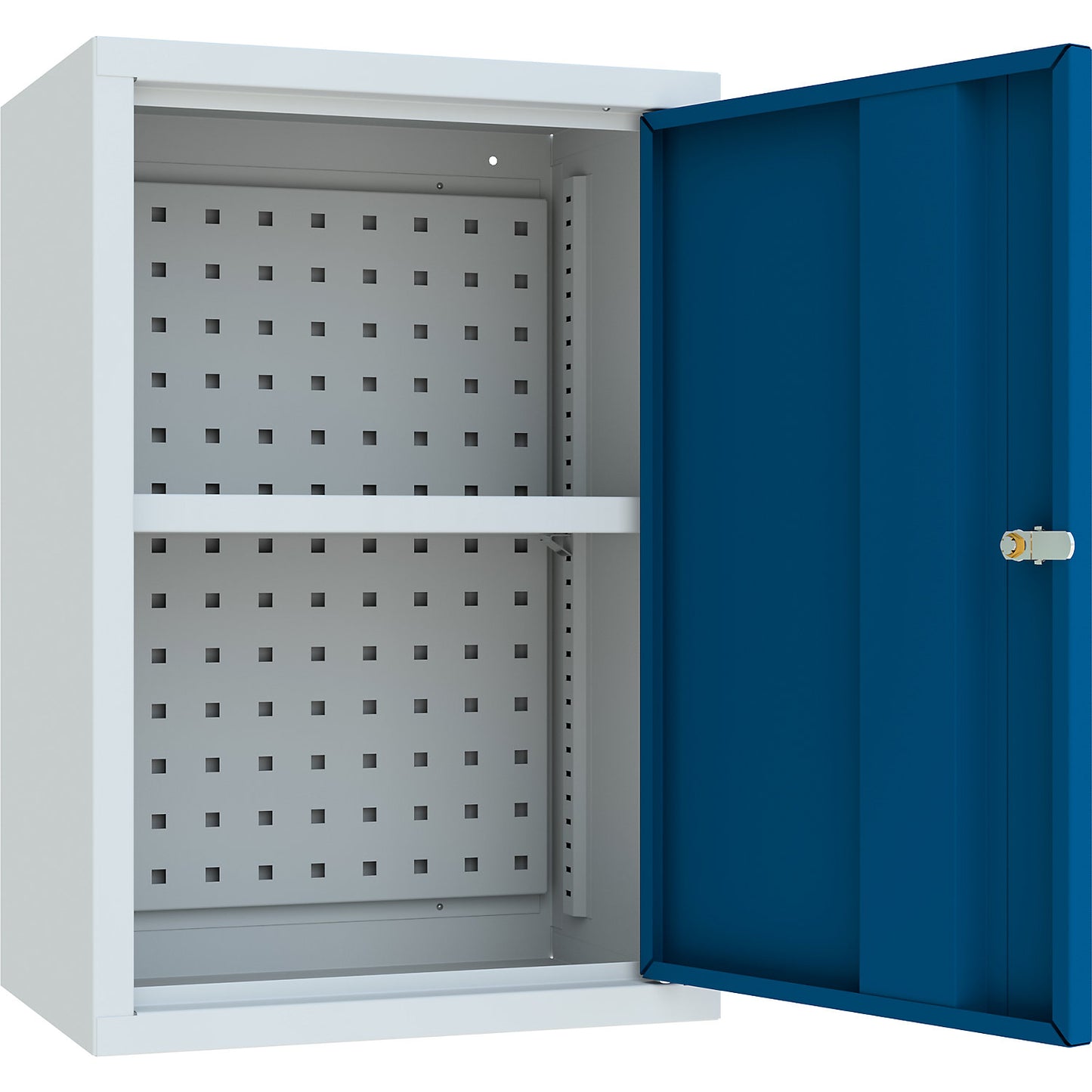 Wall mounted cupboard, height 600 mm, with solid panel door/s, width 400 mm, perforated rear panel, grey / blue.