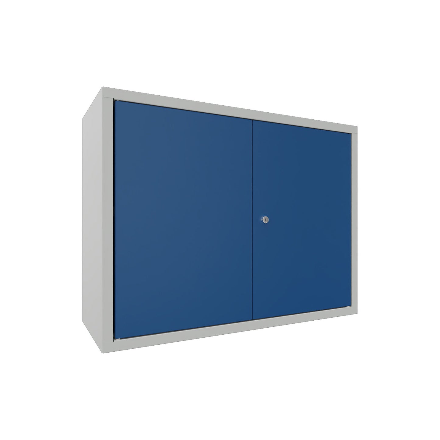 Wall mounted cupboard, height 600 mm, with solid panel door/s, width 800 mm, perforated rear panel, grey / blue.