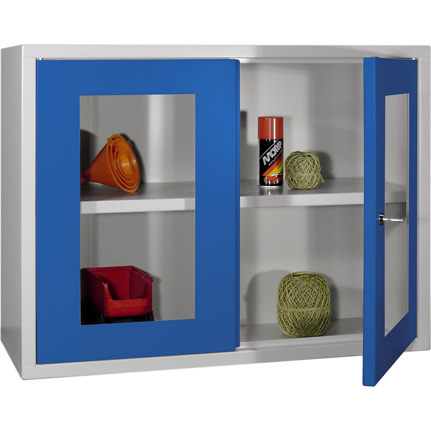 Wall mounted cupboard, height 600 mm, with vision panel door/s, width 800 mm, solid rear panel, grey / blue.