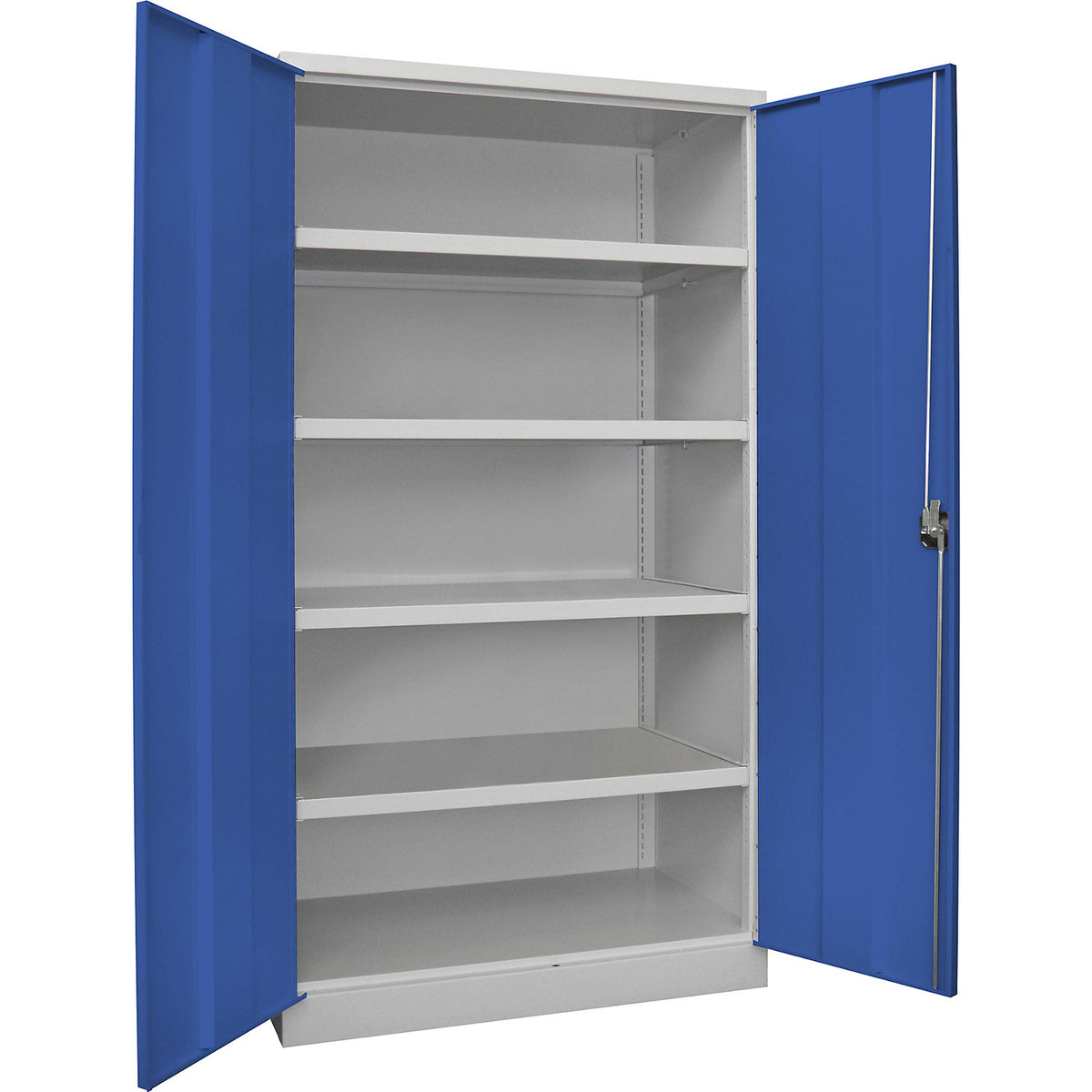 Heavy duty cupboard, height 1950 mm, 4 shelves, grey / blue.
