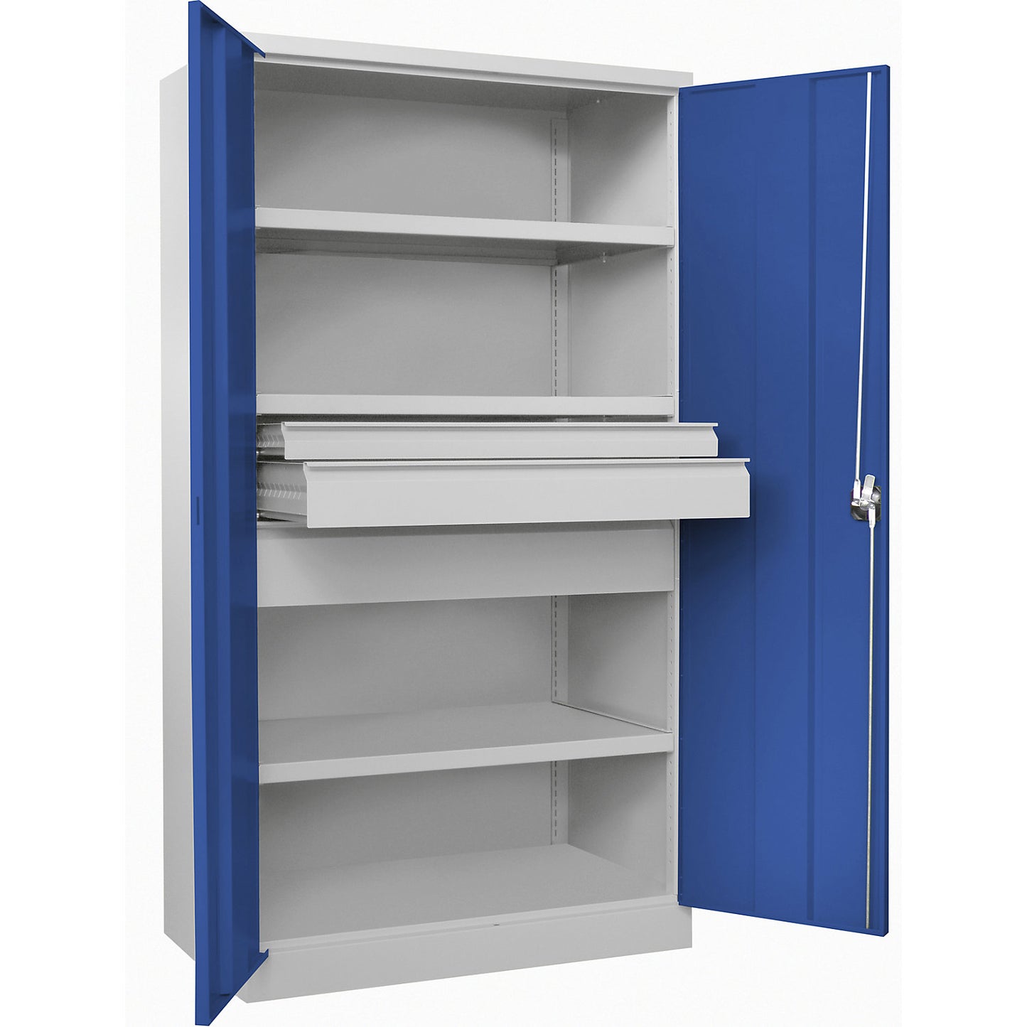 Heavy duty cupboard, height 1950 mm, 3 shelves, 3 drawers, grey / blue.
