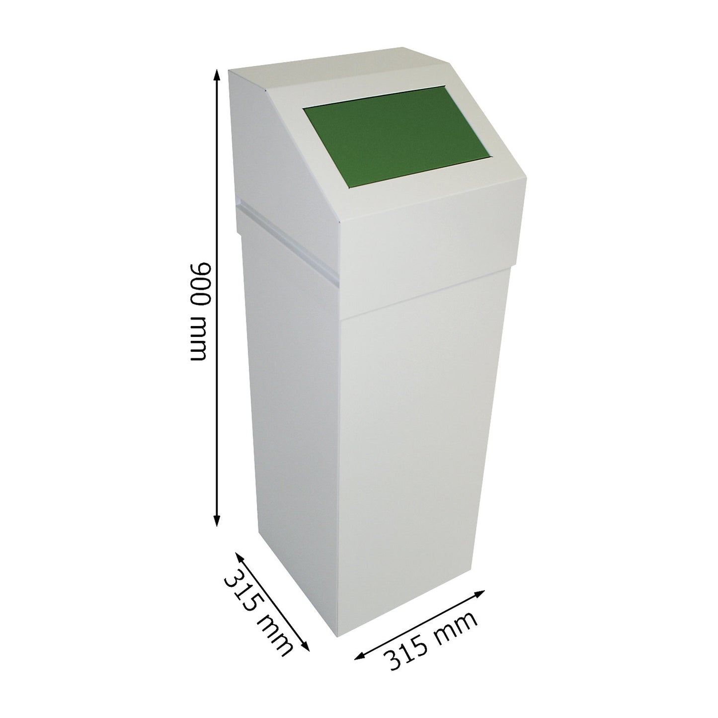 Steel recyclable waste collector, capacity 65 l, with green lid.