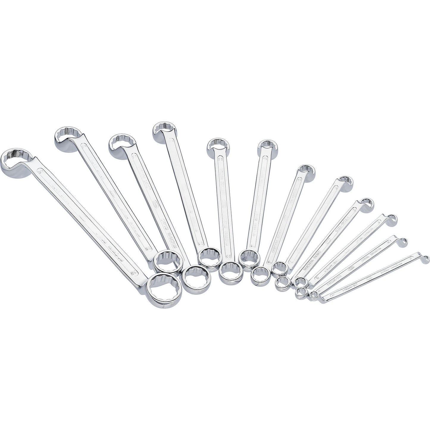 Double ring spanner set, 12 pieces, chrome plated, polished, DIN838.