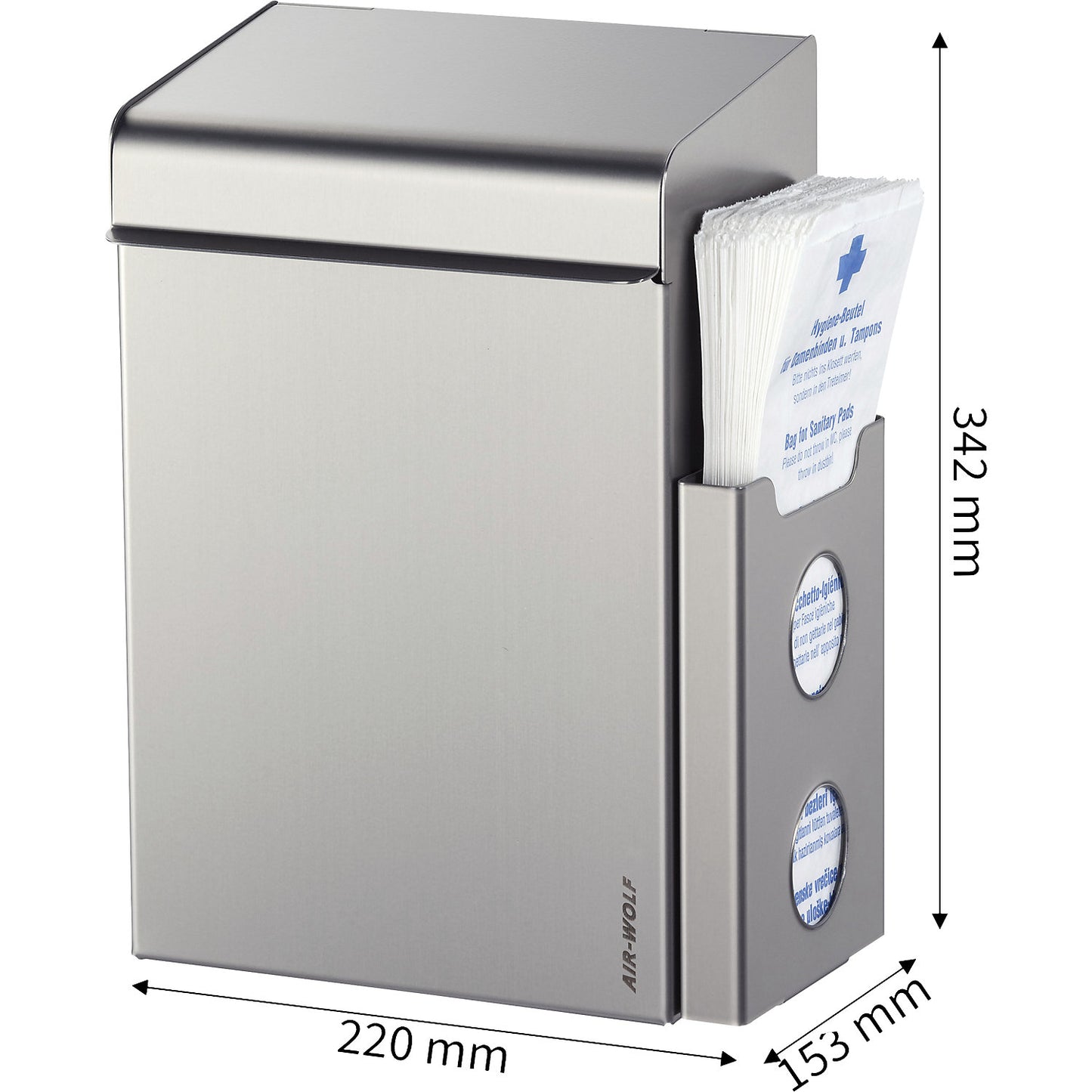 Sanitary waste collector with bag dispenser, capacity 8 l, WxHxD 220 x 342 x 153 mm, brushed stainless steel.