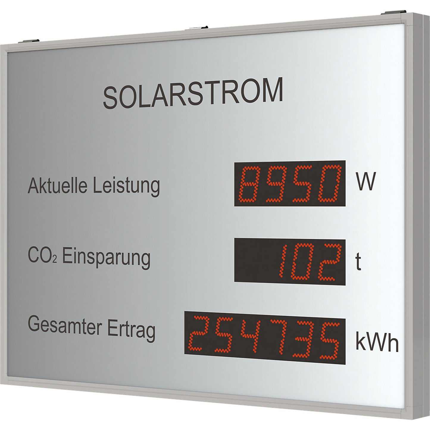 LED photovoltaic display, HxWxD 400 x 500 x 39 mm, silver anodised.