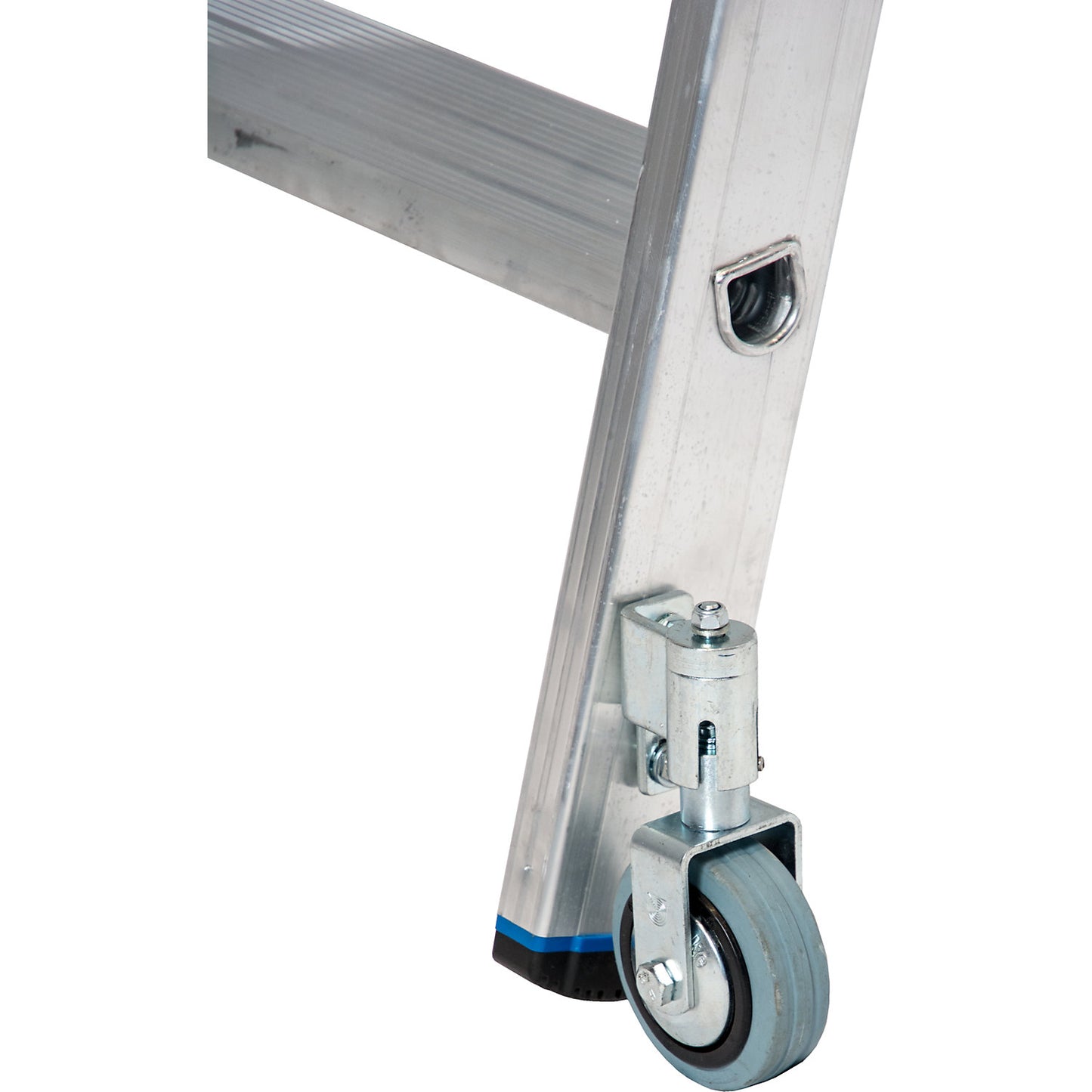 Step shelf ladder, with wheels on top for round tubing rail system, 7 steps.