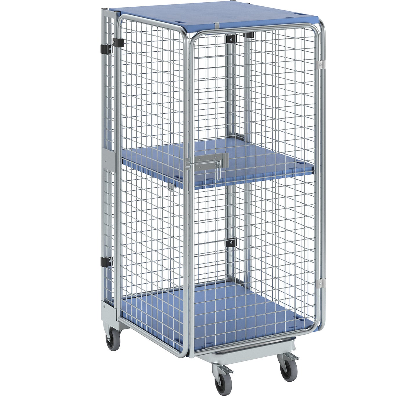 Roll container, theft proof, 5-sided, with plastic shelf and shelf, with rain protection.