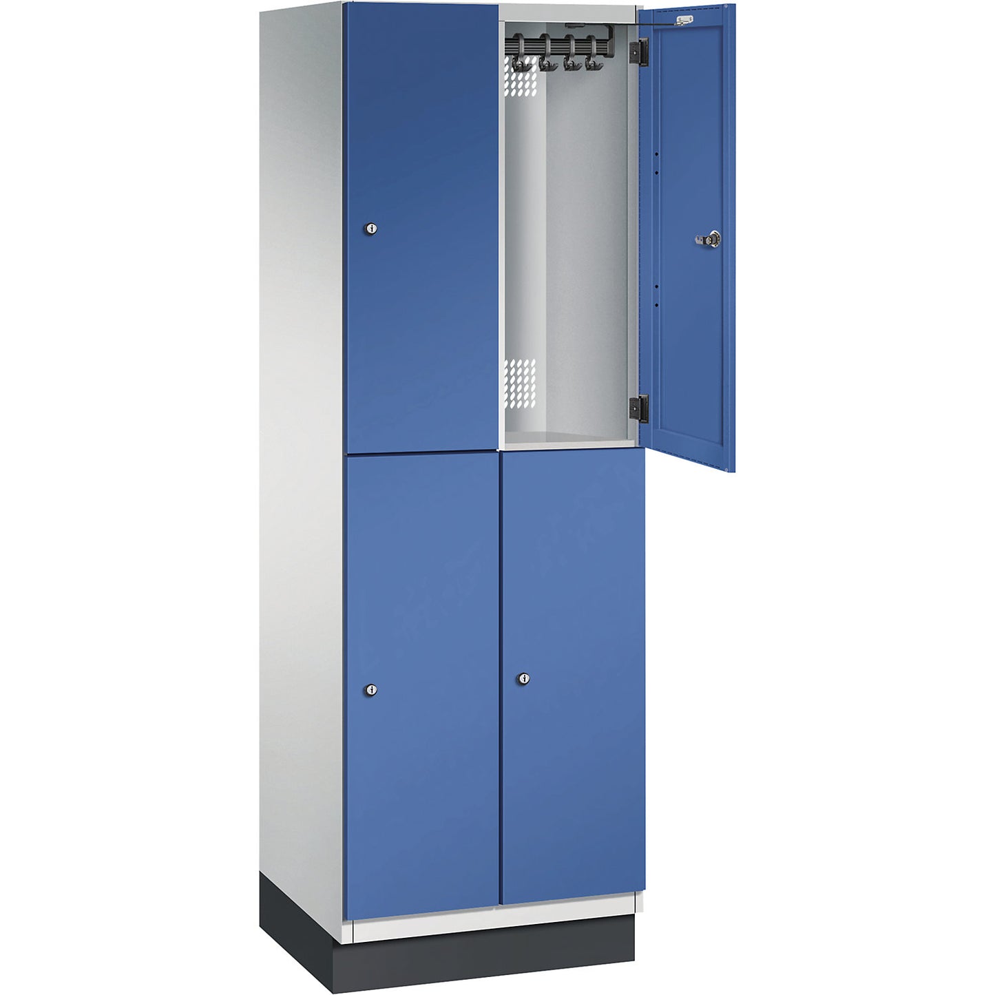 Cambio double deck locker, 2 compartments, body light grey / sheet steel door gentian blue, width 600 mm.