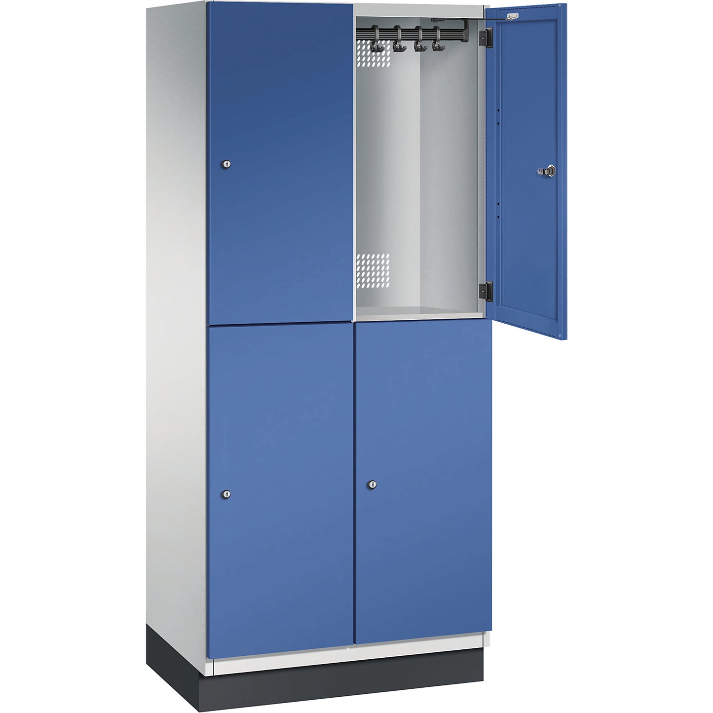Cambio double deck locker, 2 compartments, body light grey / sheet steel door gentian blue, width 800 mm.