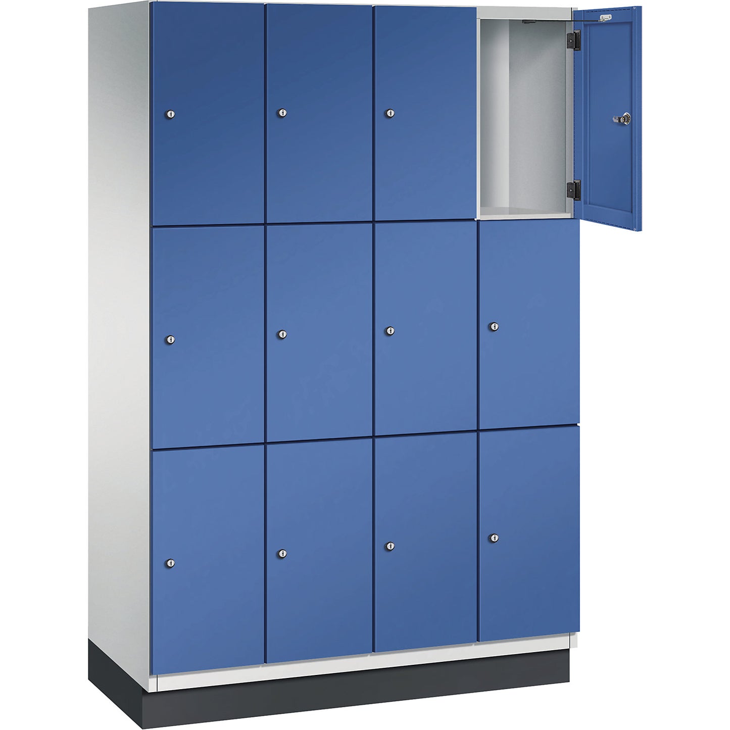 Cambio 3-fold compartment locker, 4 compartments, light grey / gentian blue, sheet steel door, W 1200 mm, 12 compartments.