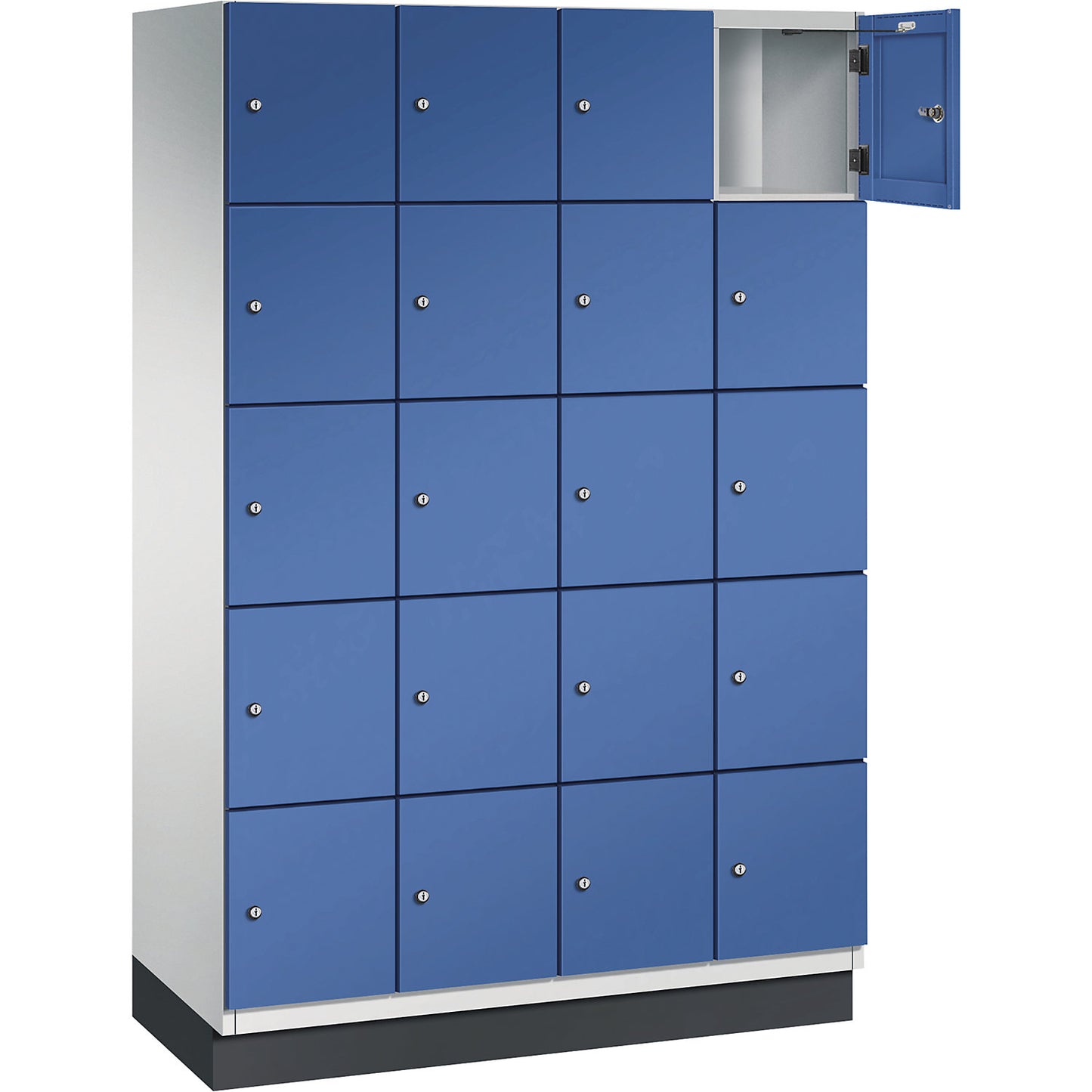Cambio 5-fold compartment locker, 4 compartments, light grey / gentian blue, sheet steel door, W 1200 mm, 20 compartments.