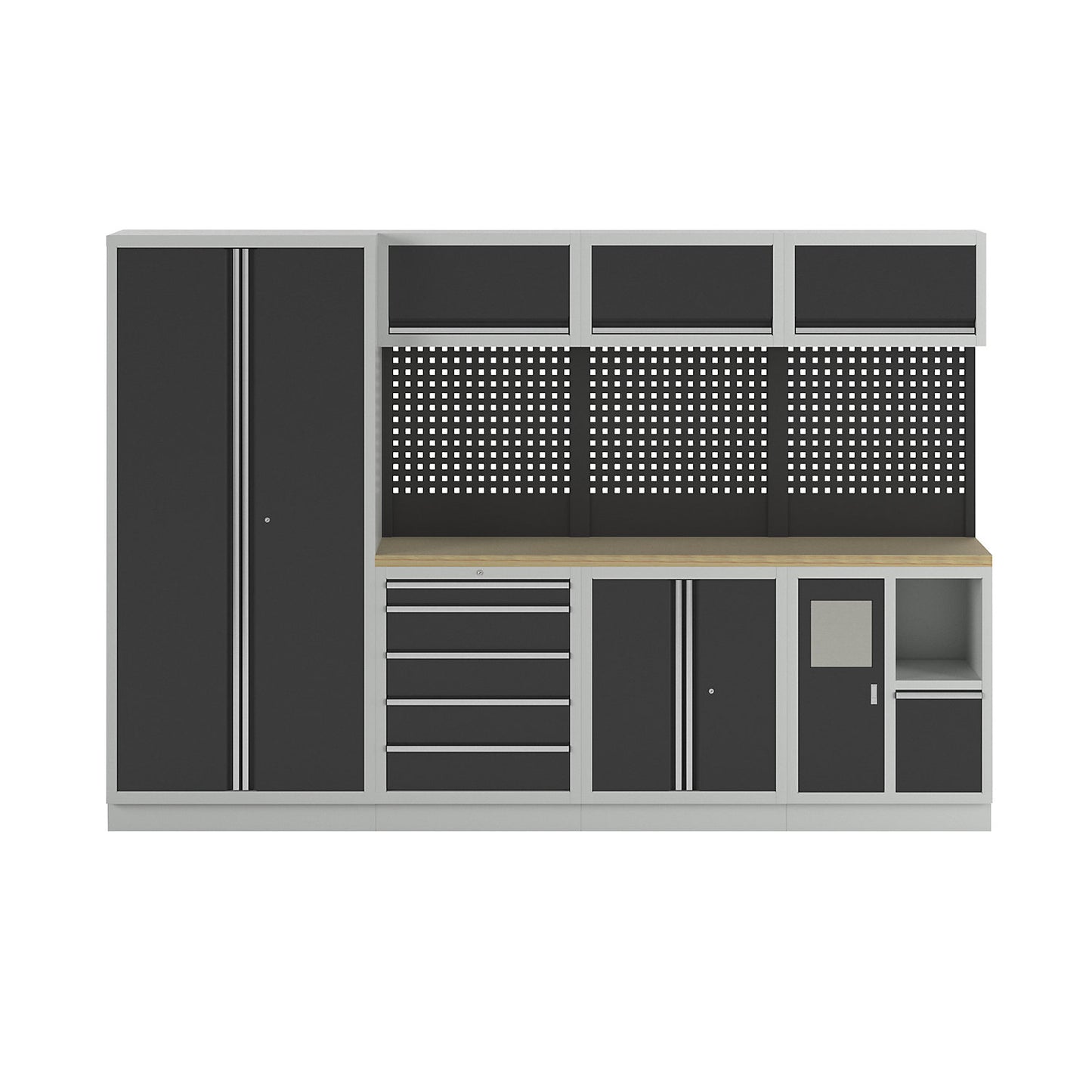 Cupboard system, 1 cupboard, 3 wall mounted cupboards, 3 add-on drawer units, charcoal.
