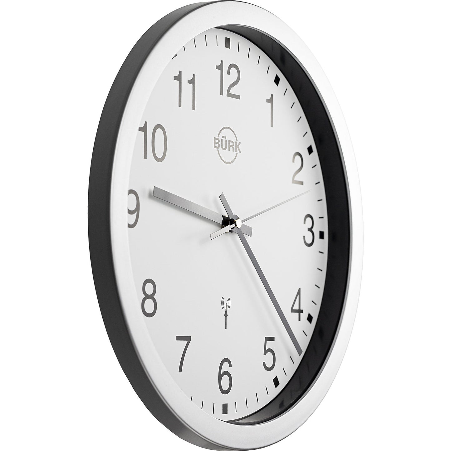Wall clock made of ABS plastic, silver, Ø 300 mm, white clock face, radio synchronised clock.