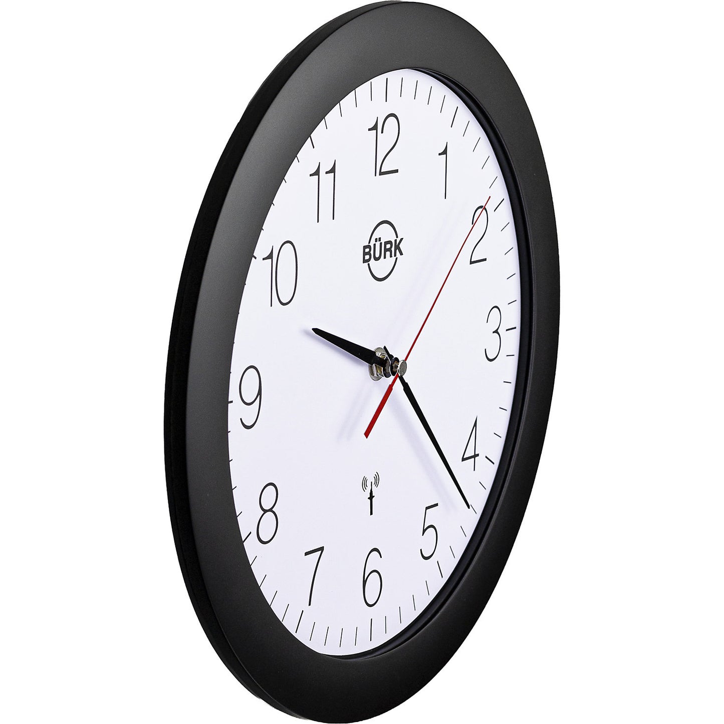 Wall clock made of ABS plastic, Ø 300 mm, radio synchronised clock, black housing, white clock face.