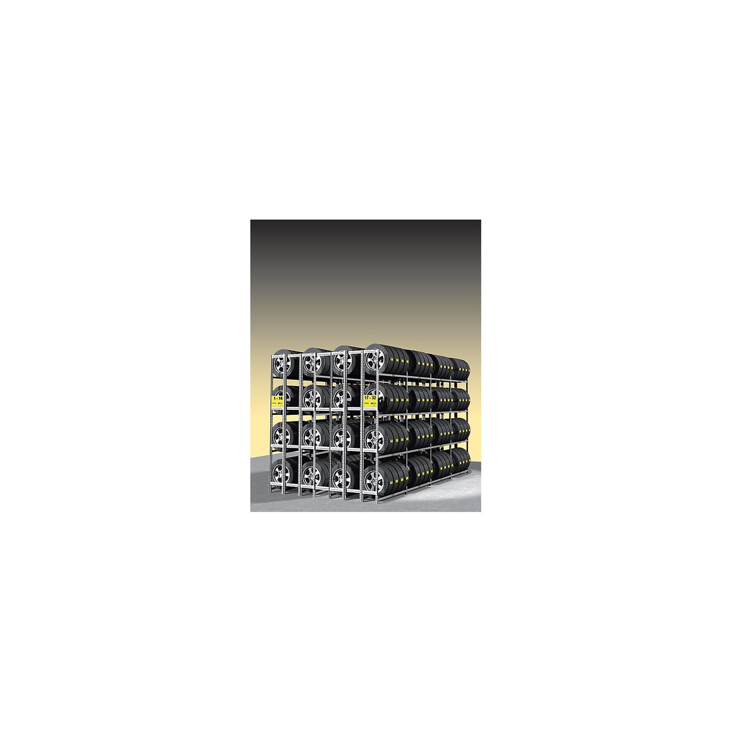 Tyre shelf unit, zinc plated, block shelf unit, 4 levels, standard shelf unit.