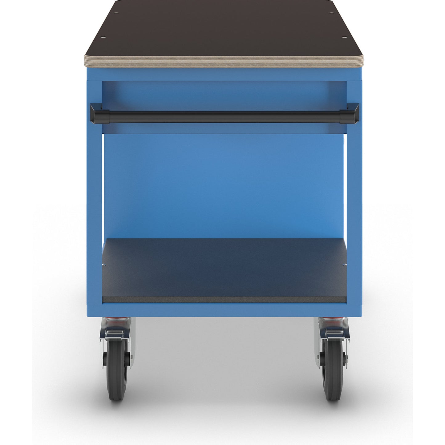 Assembly trolley, 1 cupboard, 1 drawer, light blue body, fronts in white aluminium.