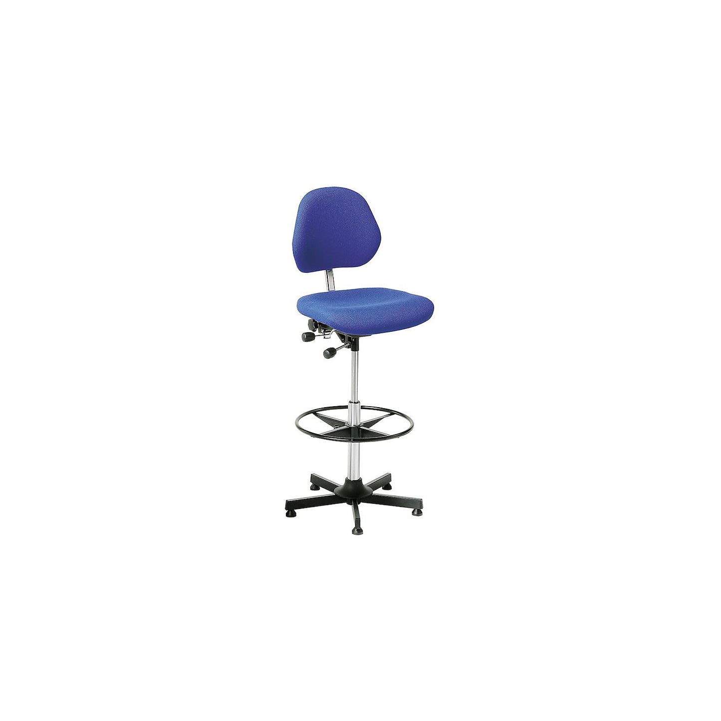 AEGA industrial chair, high model with floor glides and foot ring, fabric cover, blue, height adjustable 670 - 930 mm.