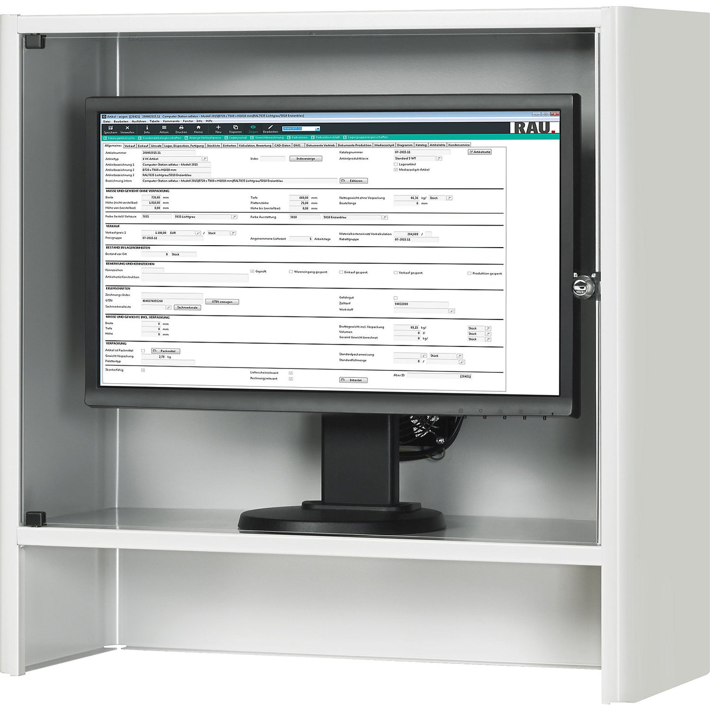 Monitor housing with integrated ventilation fan, HxWxD 710 x 720 x 300 mm, light grey RAL 7035.