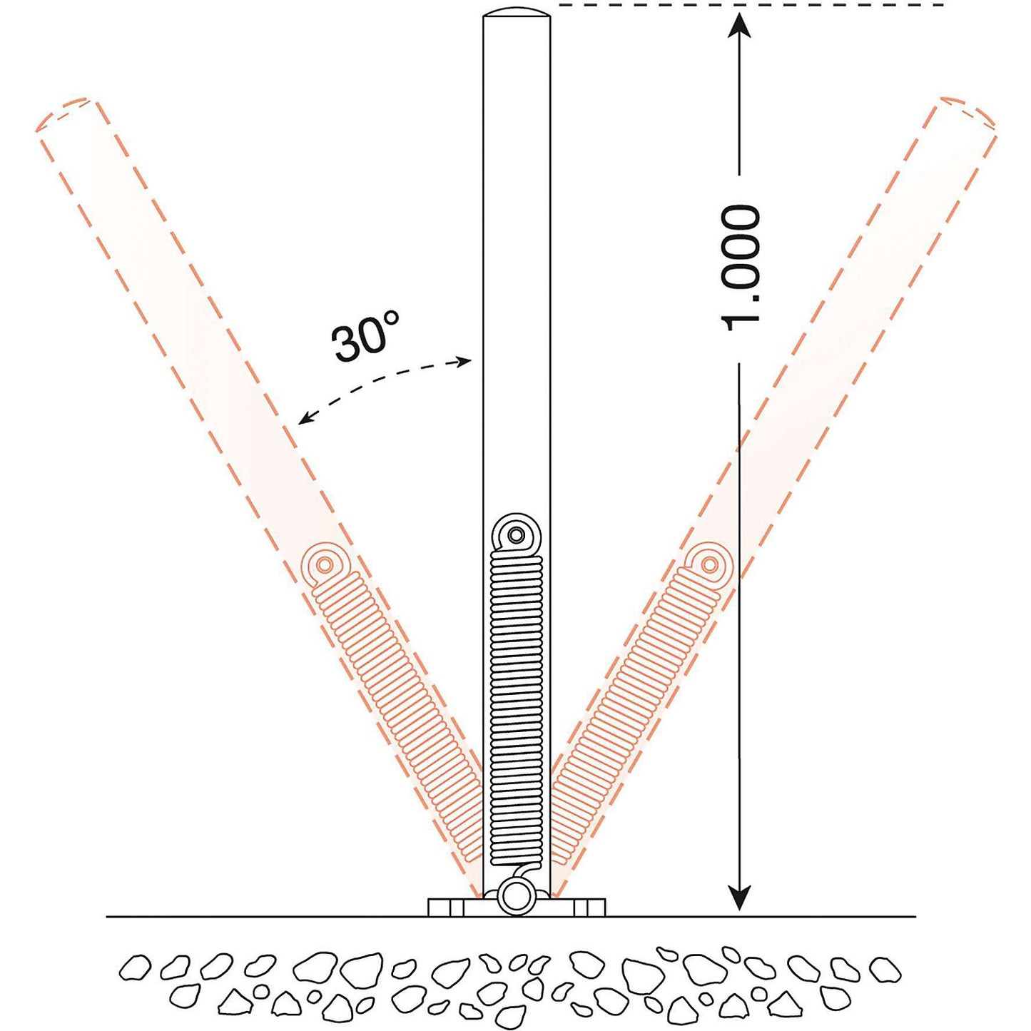 Barrier post made of steel tubing, flexible, Ø 76 mm, to bolt in place, red / white.