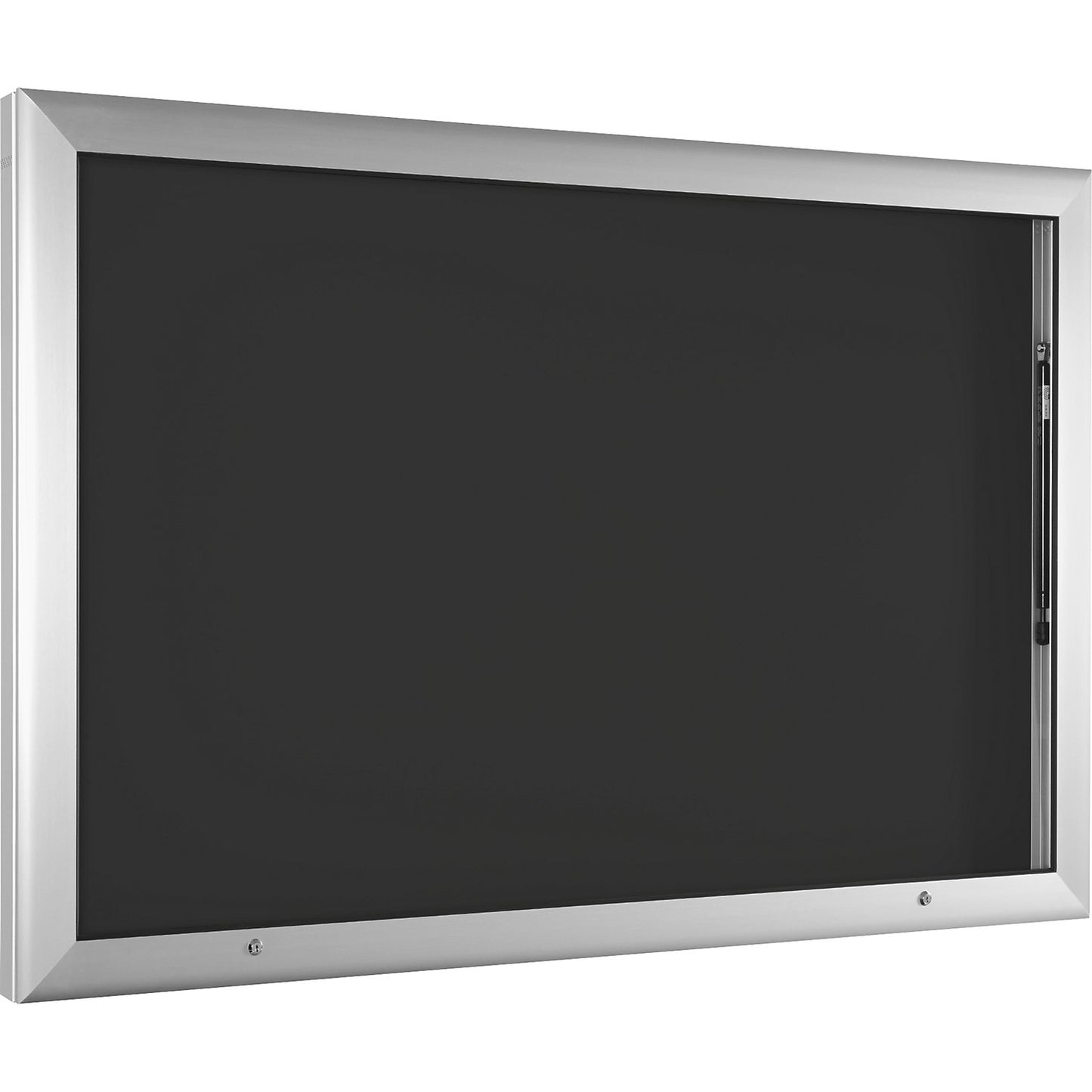 Display case for indoor and outdoor use, landscape format, over sized, WxH 1600 x 1025 mm, door opens upwards 90°, rear panel colour charcoal.
