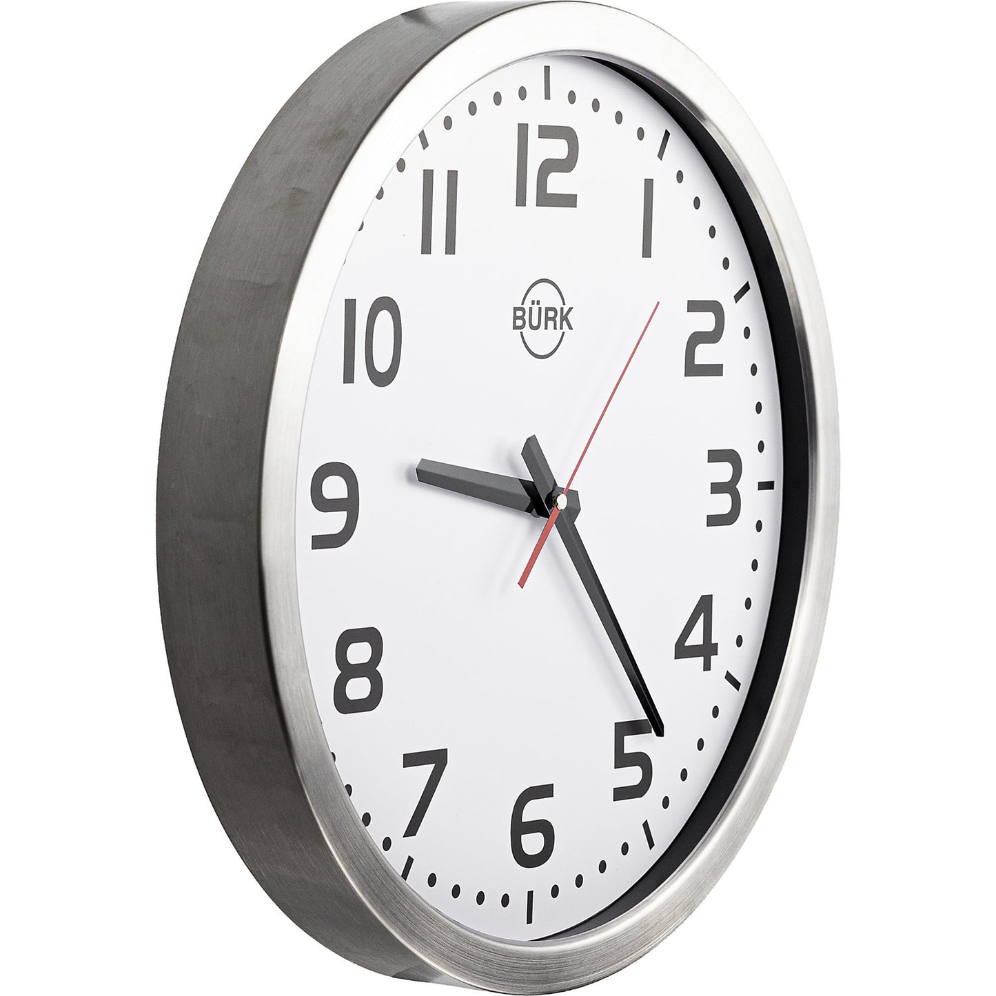 Wall clock, Ø 400 mm, brushed stainless steel housing, quartz clock.