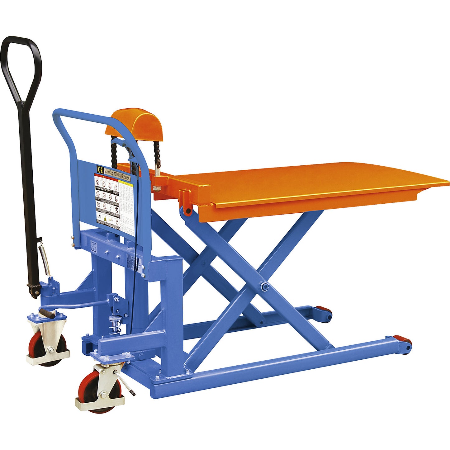 Low profile platform truck with forks, platform, max. load 1000 kg, lifting range 90 - 830 mm.