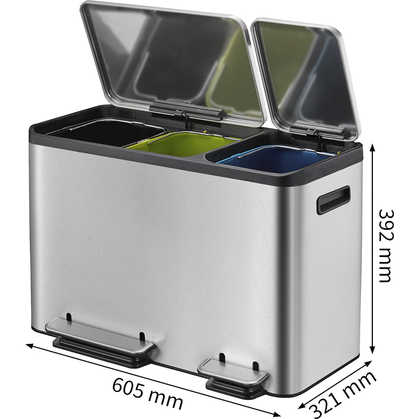 Waste collector with pedal, capacity 3 x 12 l, WxHxD 605 x 392 x 321 mm, stainless steel, triple collector.
