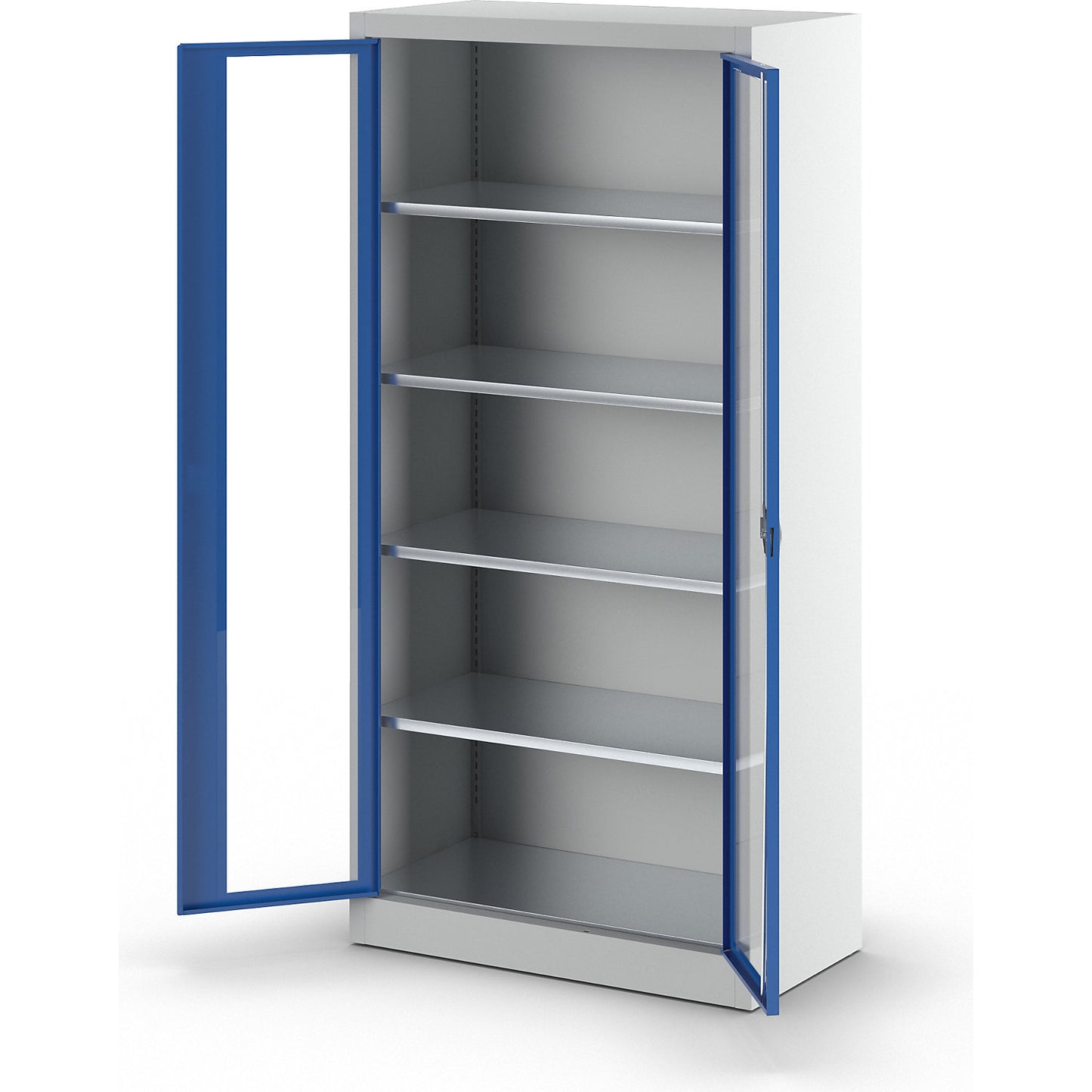 Vision panel double door cupboard, with 4 shelves, HxW 1950 x 950 mm, depth 500 mm, light grey/gentian blue.