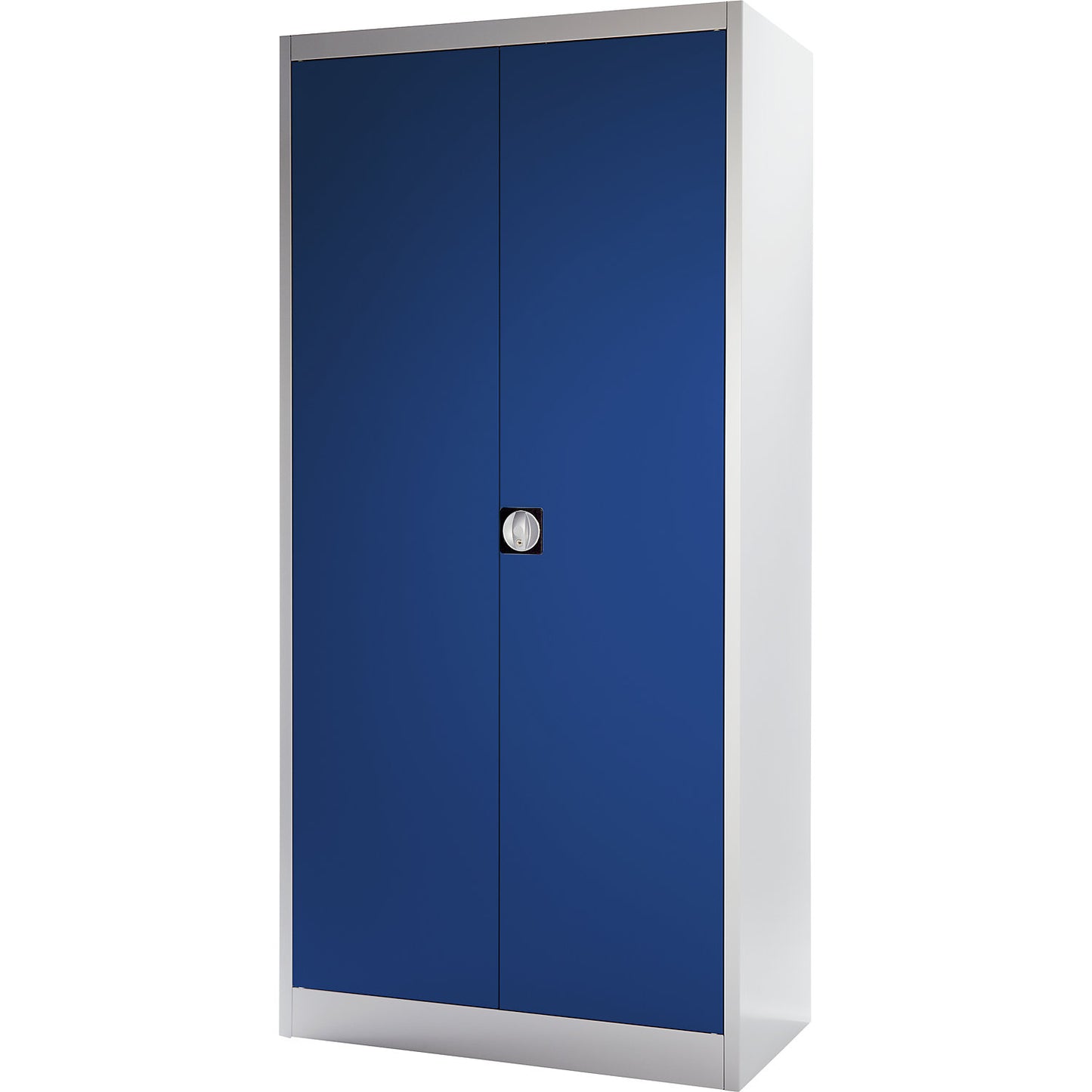Heavy duty double door cupboard, HxW 1950 x 950 mm, depth 500 mm, light grey/gentian blue.