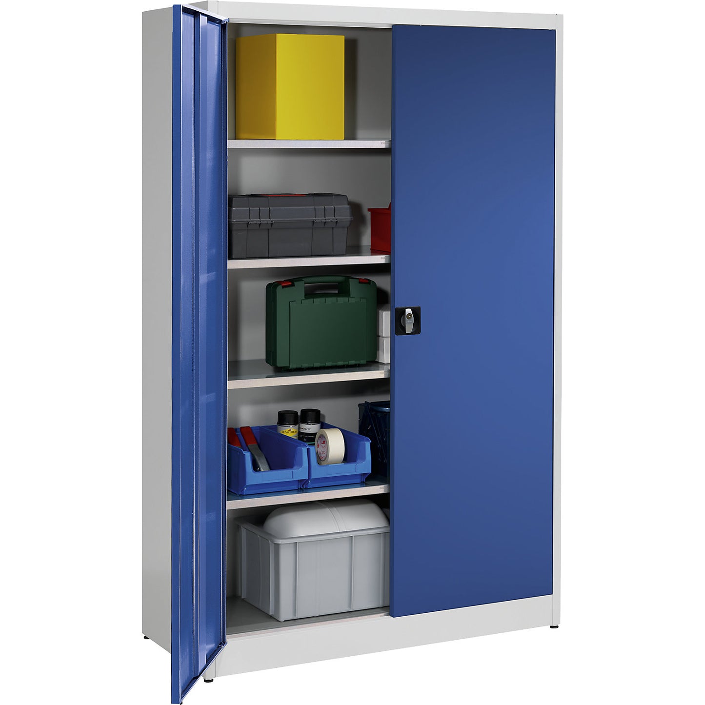 Heavy duty double door cupboard, HxW 1950 x 1200 mm, depth 500 mm, light grey/gentian blue.