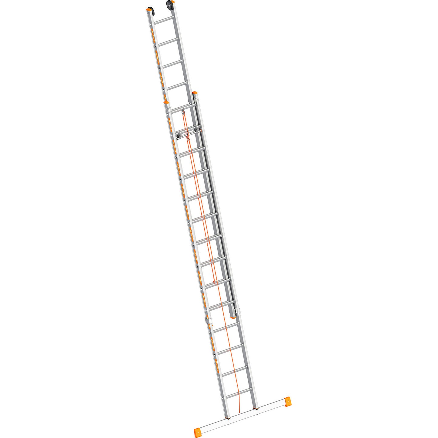 Aluminium rope operated extension ladder, 2-part, extendable, incl. beam, 2 x 14 rungs.