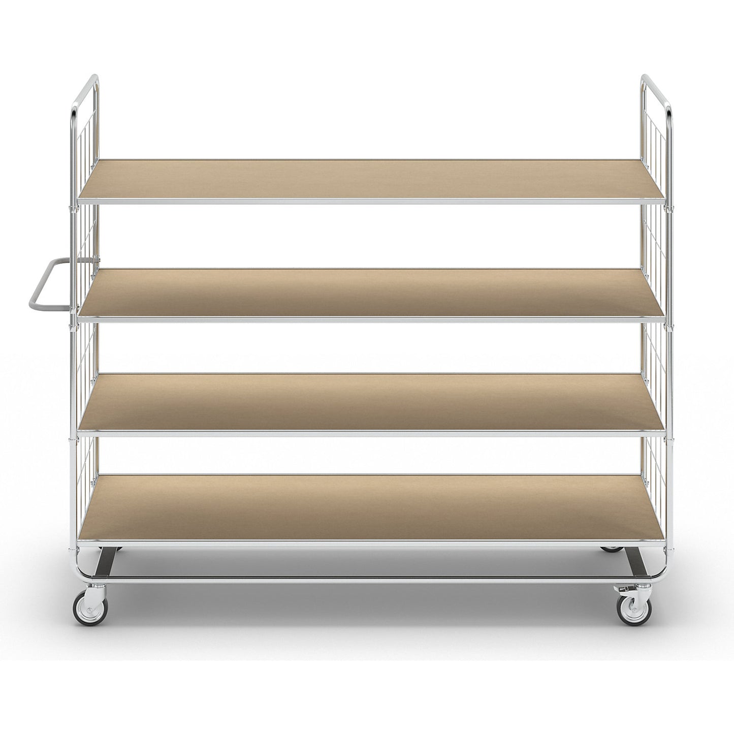 ESD shelf truck, long models, 4 swivel castors, 4 platforms, LxWxH 1395 x 470 x 1120 mm, 2 with stop.