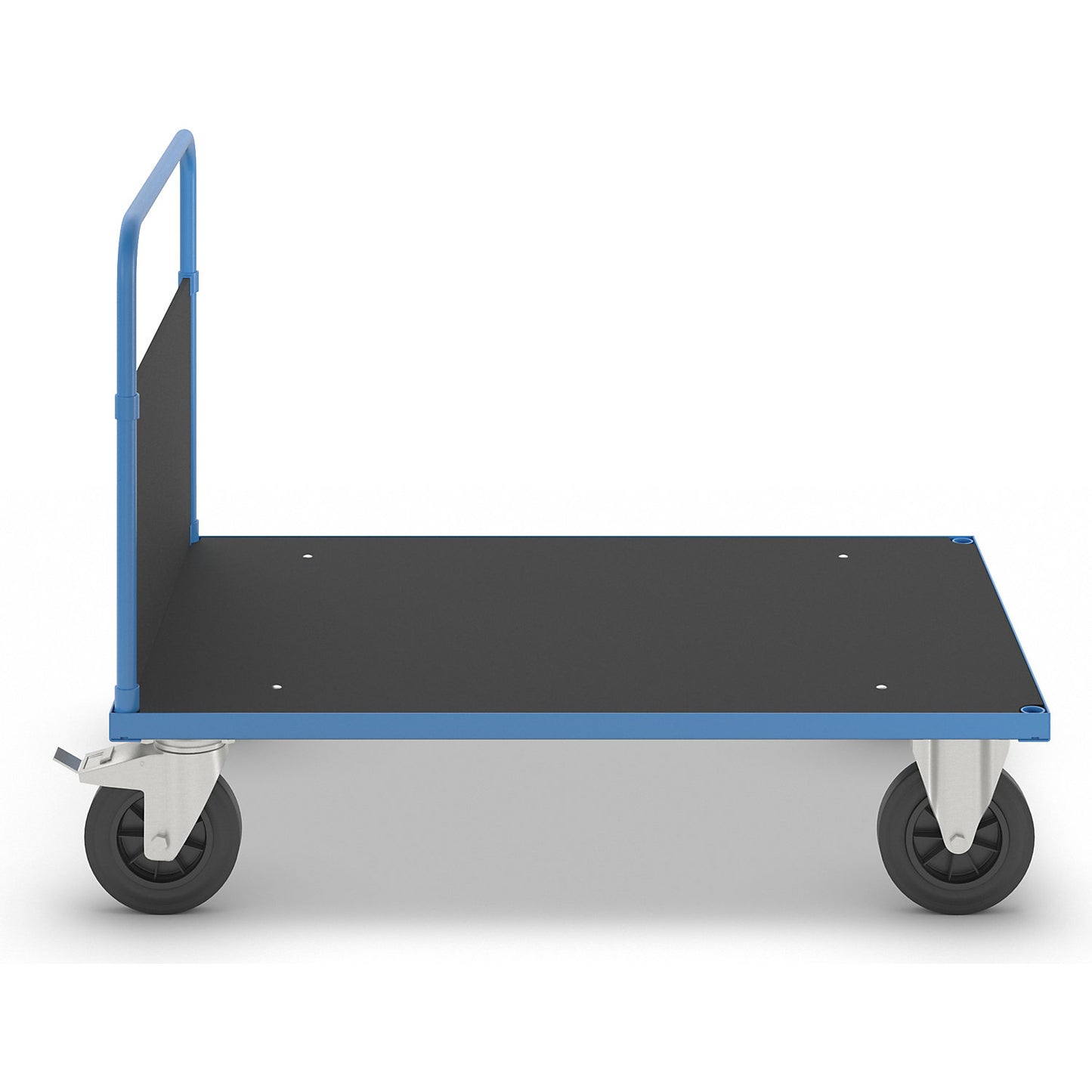 KM33 platform truck, 1 end panel, LxW 1200 x 800 mm, 2 swivel castors with stops, 2 fixed castors.