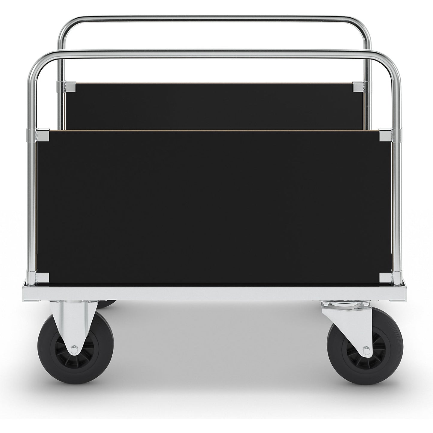 Zinc plated platform truck, 2 side panels, LxW 1000 x 700 mm, 2 swivel castors and 2 fixed castors.