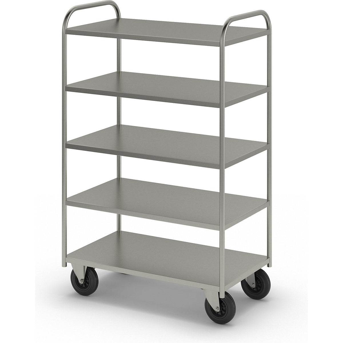 KM41 shelf truck, 5 shelves, LxWxH 955 x 550 x 1470 mm, zinc plated, 2 swivel castors and 2 fixed castors.