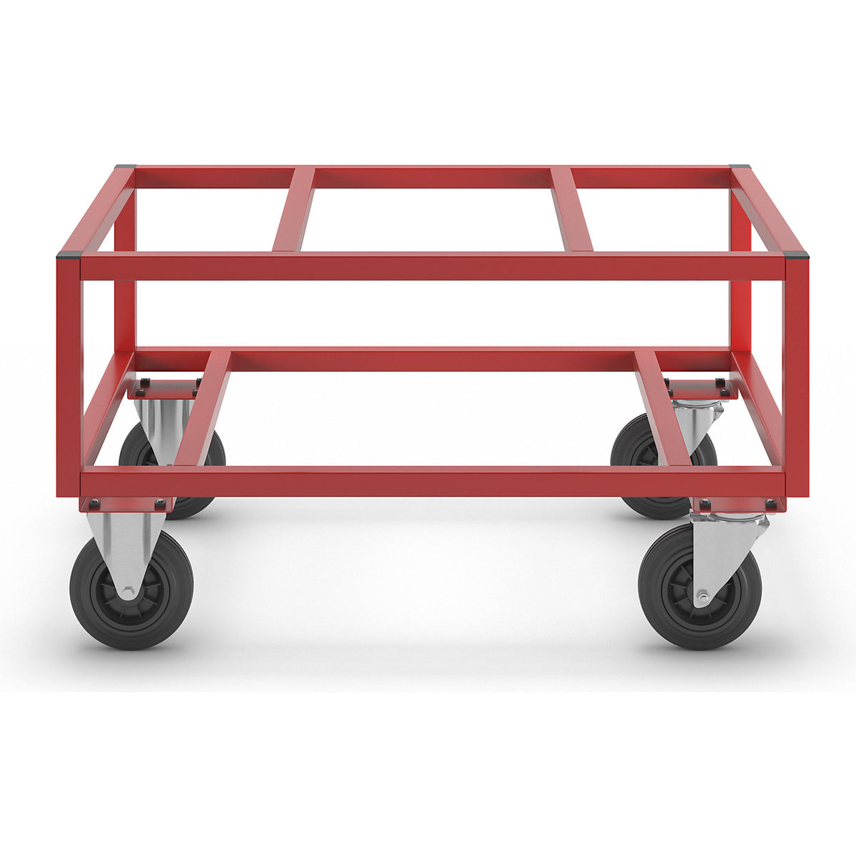 KM221 pallet dolly, LxWxH 1200 x 800 x 650 mm, red, 2 swivel castors and 2 fixed castors.