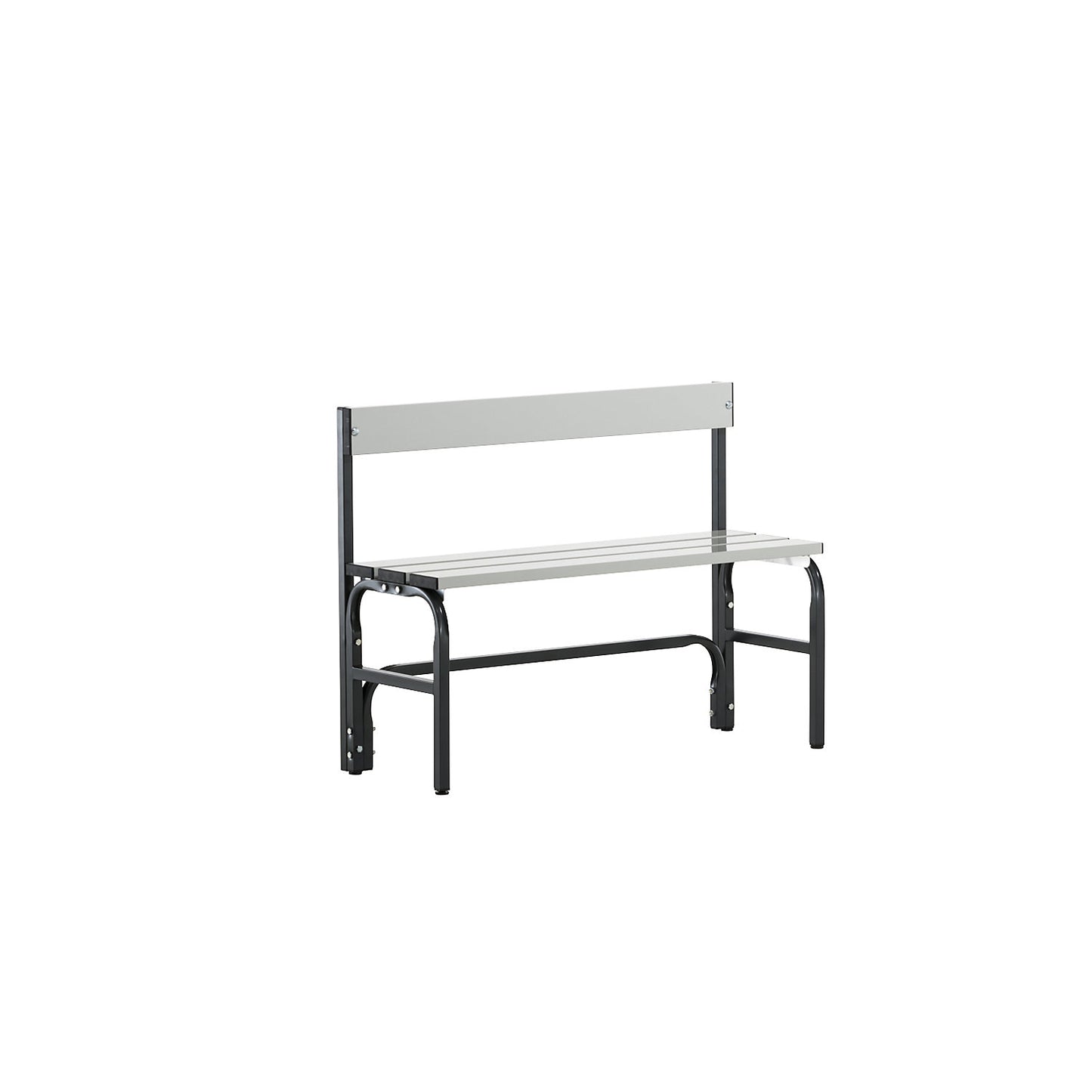 Half height changing room bench with back rest, single-sided, aluminium / stainless steel, length 1015 mm, charcoal.
