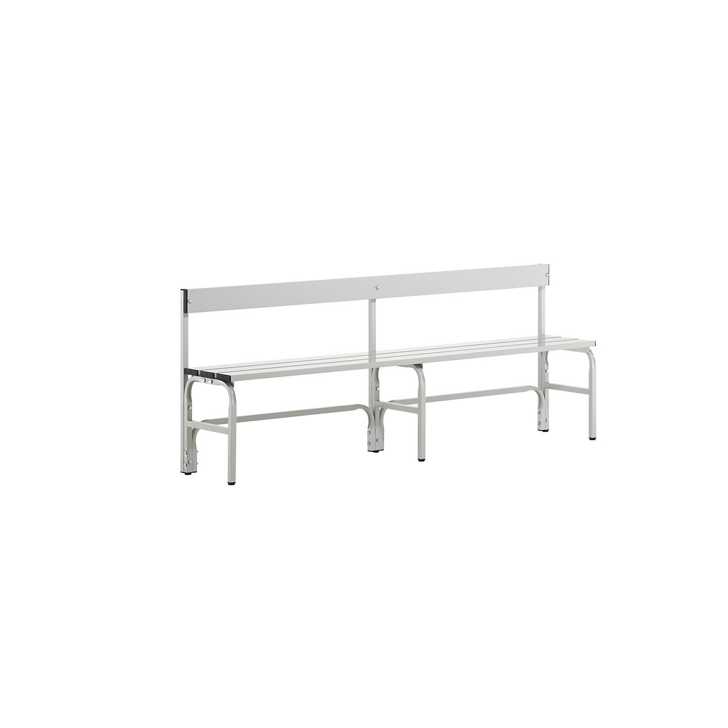 Half height changing room bench with back rest, single-sided, aluminium, length 2000 mm, light grey.