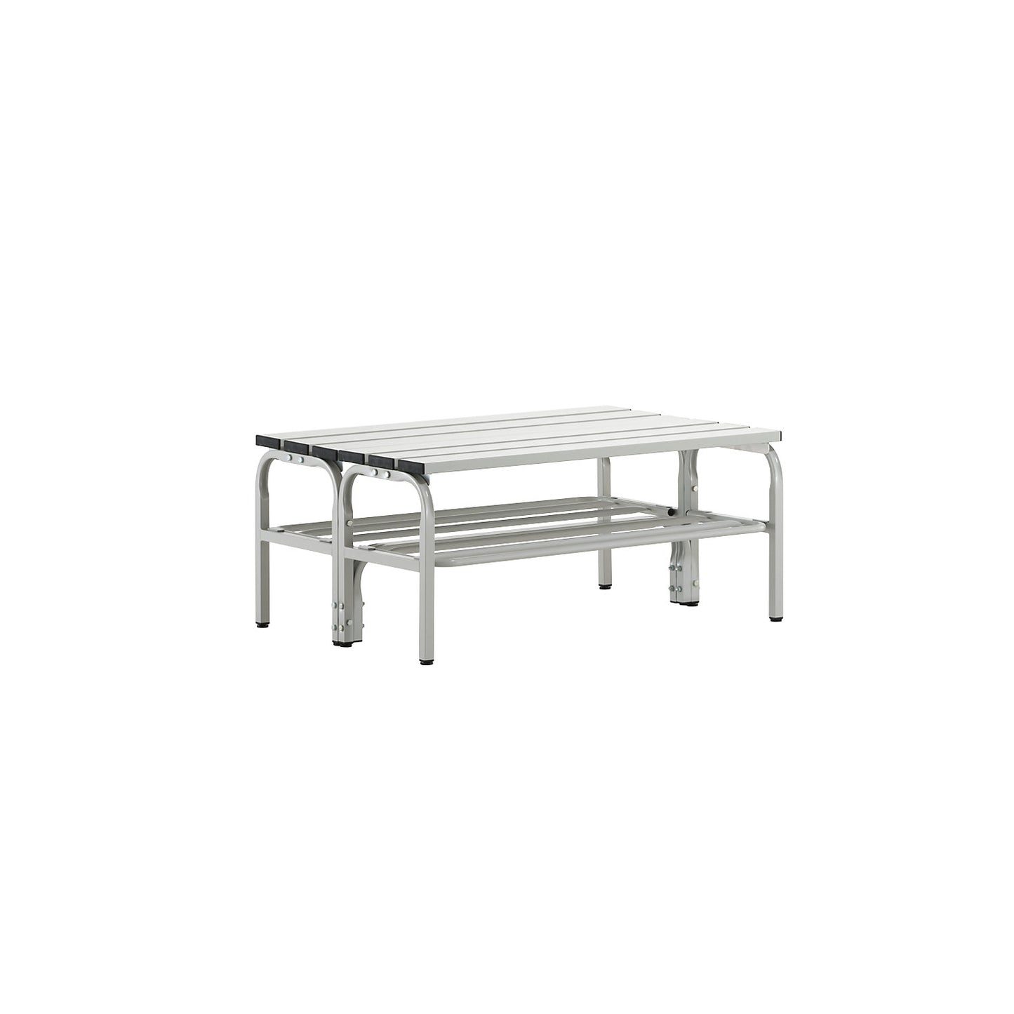 Changing room bench, double sided, aluminium slats, light grey, length 1015 mm, with shoe rack.