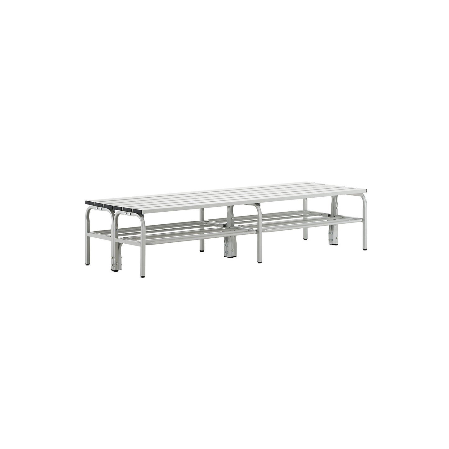 Changing room bench, double sided, aluminium slats, light grey, length 2000 mm, with shoe rack.