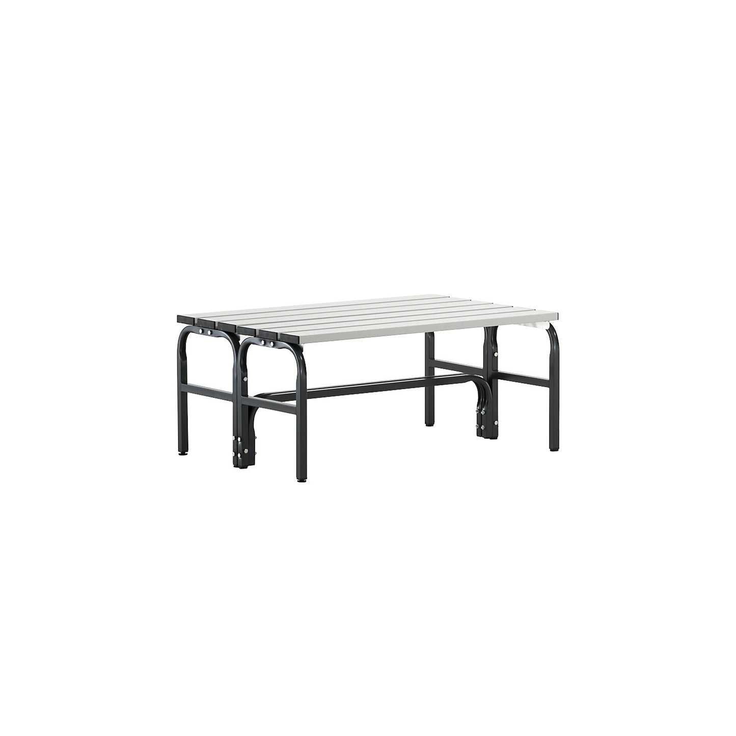 Changing room bench, double sided, aluminium slats, stainless steel frame, length 1015 mm.