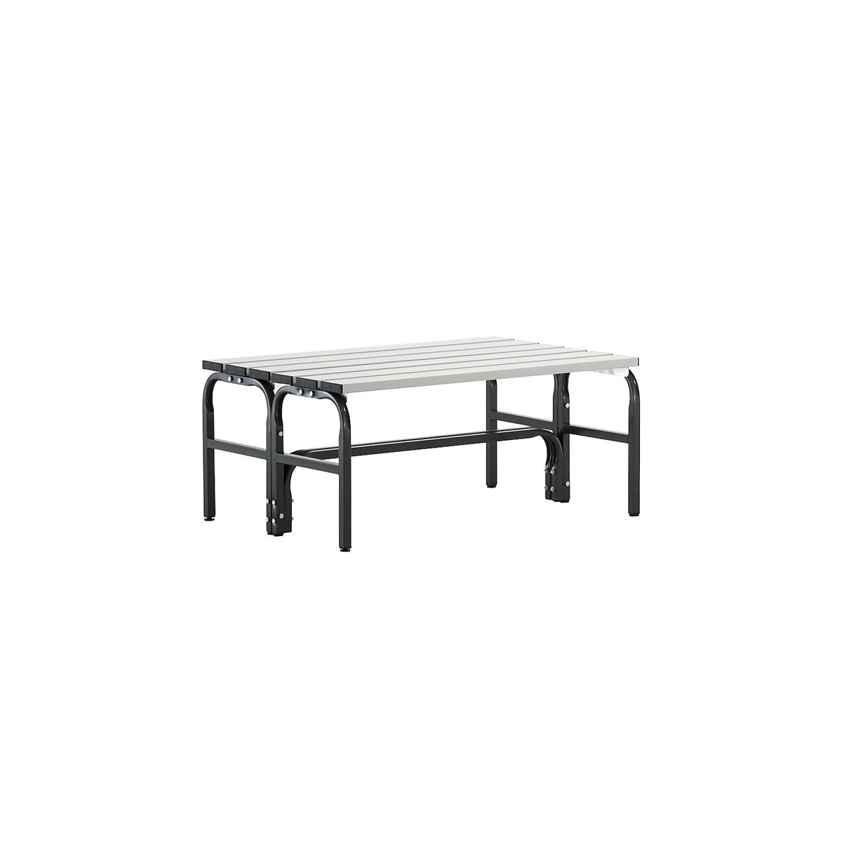 Changing room bench, double sided, aluminium slats, stainless steel frame, length 1015 mm.