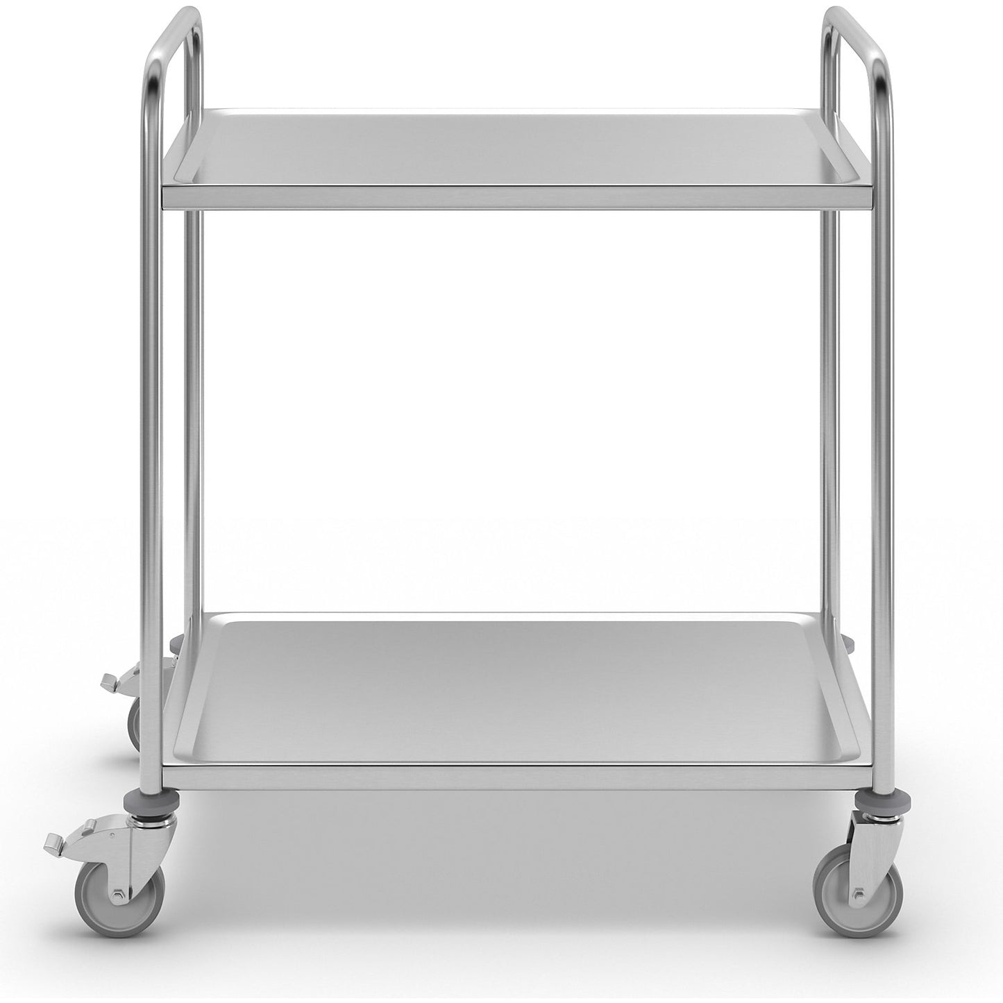 Stainless steel serving trolley, 2 shelves, zinc plated castor, rubber tyres, LxWxH 870 x 570 x 970 mm.