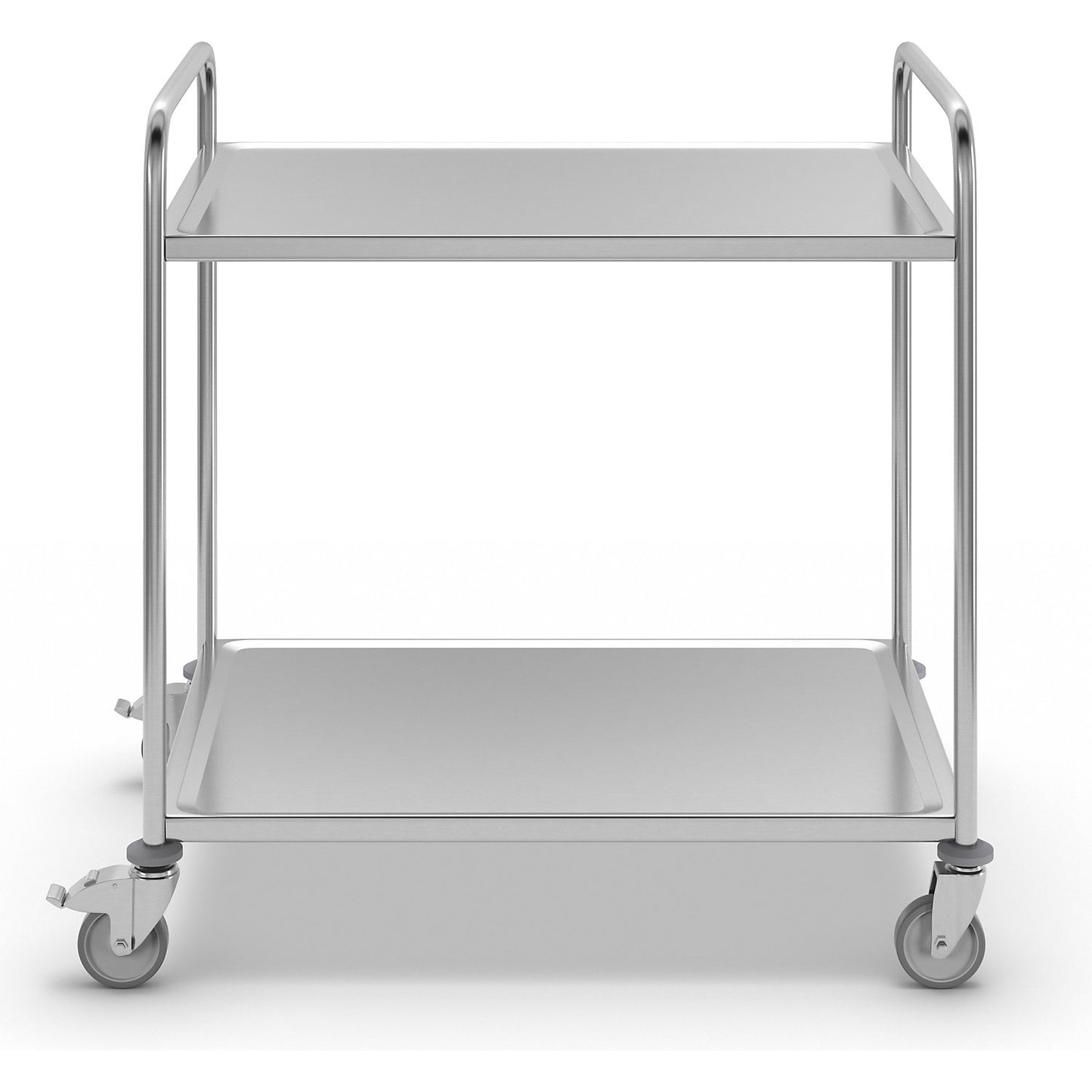 Stainless steel serving trolley, 2 shelves, zinc plated castor, rubber tyres, LxWxH 1070 x 670 x 970 mm.
