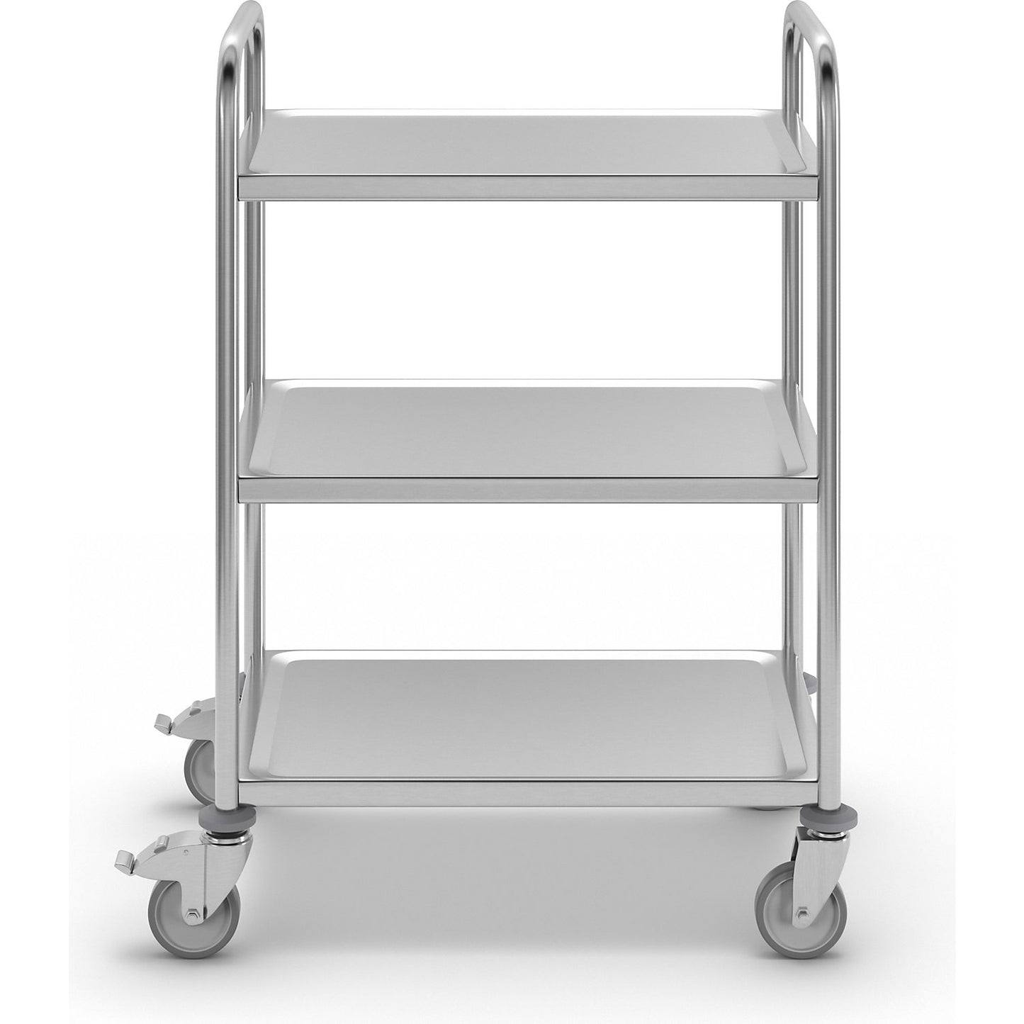 Stainless steel serving trolley, 3 shelves, zinc plated castor, rubber tyres, LxWxH 700 x 470 x 970 mm.