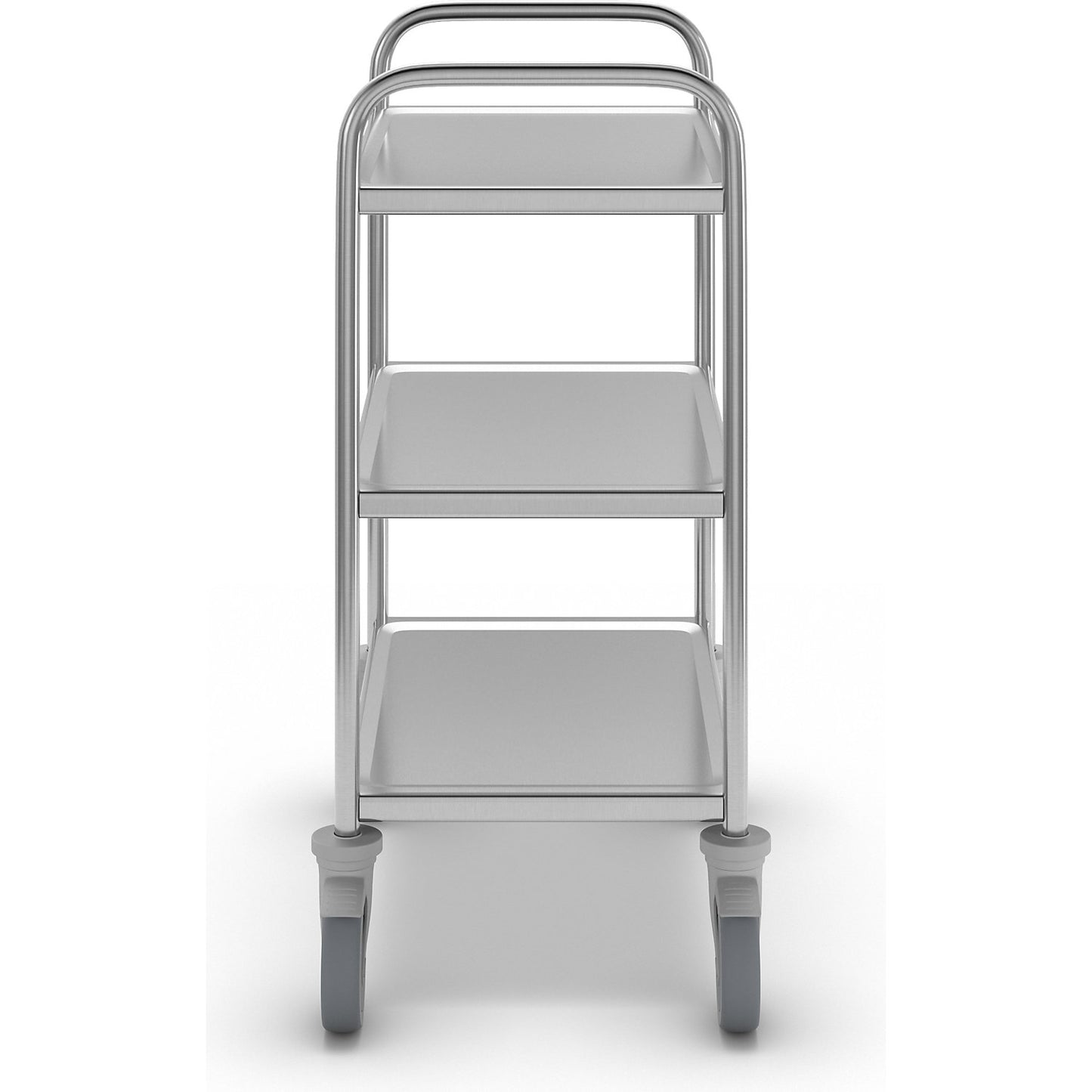 Stainless steel serving trolley, 3 shelves, thermoplastic rubber tyres, LxWxH 700 x 470 x 970 mm.