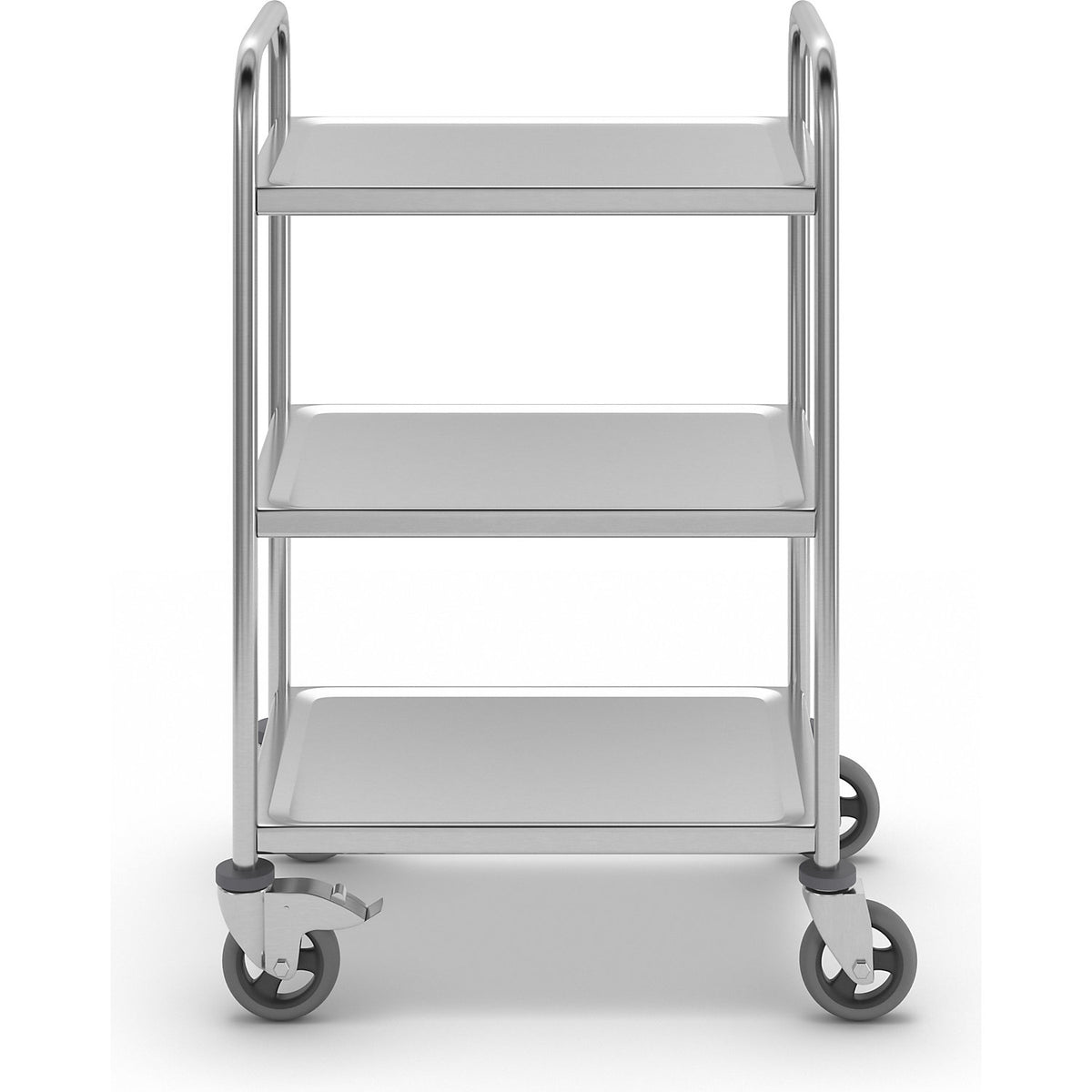 Stainless steel serving trolley, 3 shelves, air cushioned tyres, LxWxH 700 x 470 x 970 mm.