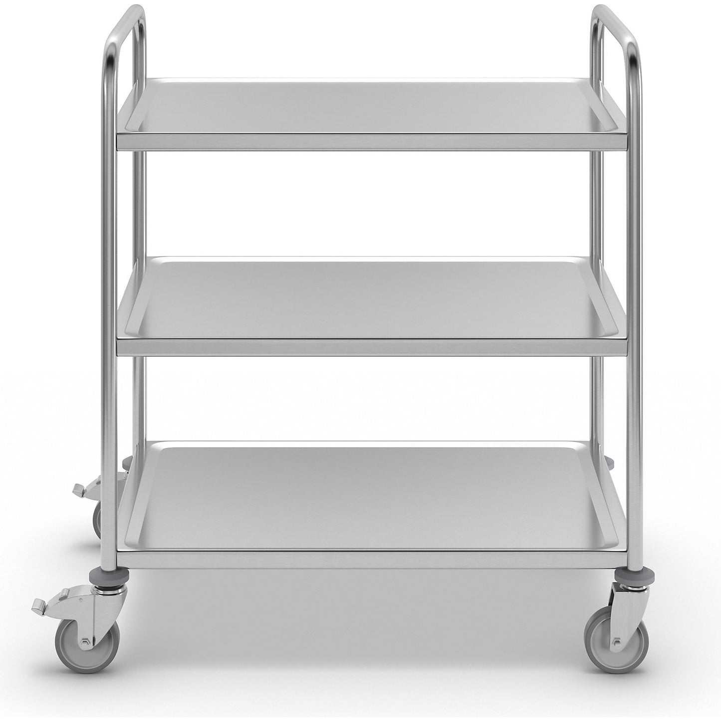 Stainless steel serving trolley, 3 shelves, zinc plated castor, rubber tyres, LxWxH 870 x 570 x 970 mm.